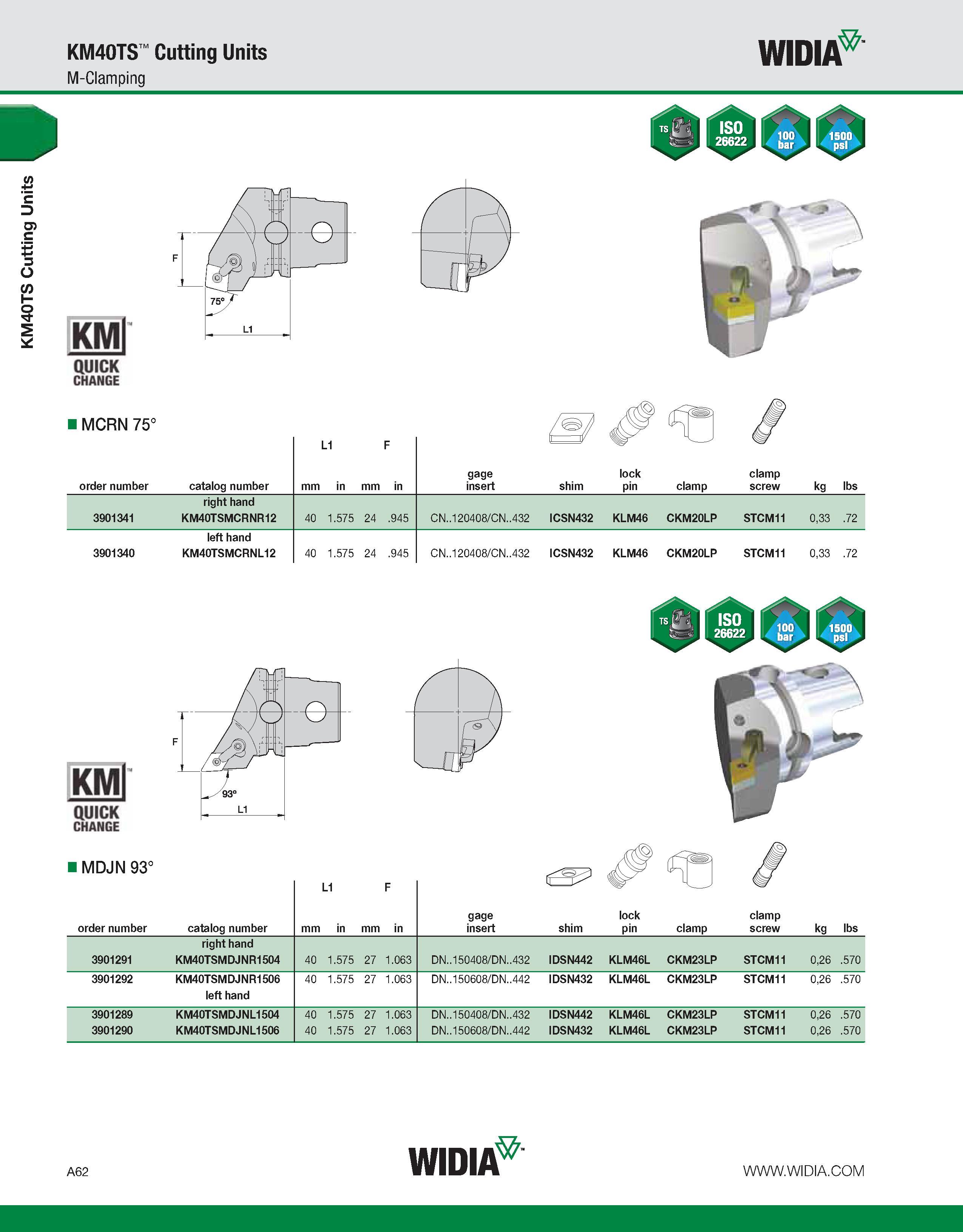 72 KM40TS Cutting Units KM40TS Cutting Units M-Clamping WIDIA KMj QUICK CHANGE MCRN 75° L1 F T W order number catalog number mm in mm in gage insert Каталог WIDIA 2011 Инструментальная оснастка для металлорежущих станков Вспомогательный инструмент для оборудования Адаптеры Насадки Оправки Патроны Стр. A62 ENG