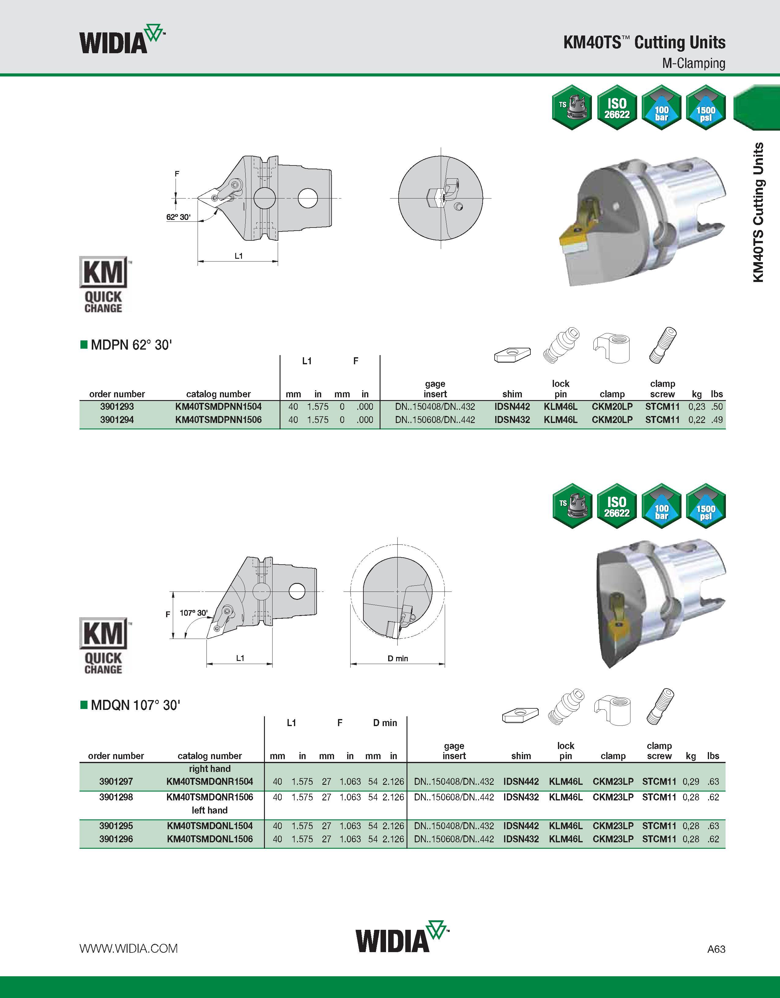 73 WIDIA KM40TS Cutting Units M-Clamping KMl QUICK CHANGE I MDPN 62° 30' L1 F gage lock clamp order number catalog number mm in mm in insert shim pi Каталог WIDIA 2011 Инструментальная оснастка для металлорежущих станков Вспомогательный инструмент для оборудования Адаптеры Насадки Оправки Патроны Стр. A63 ENG