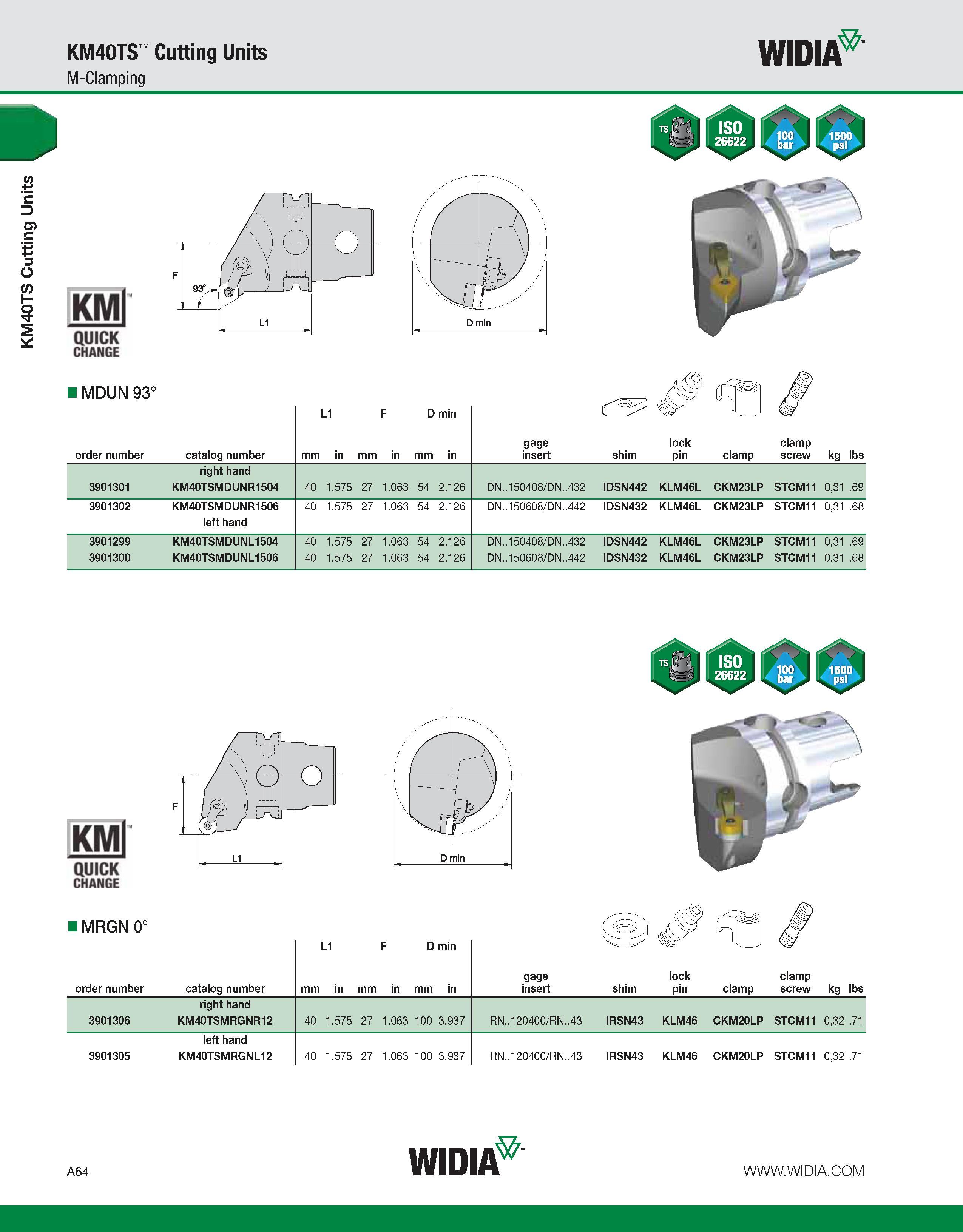 74 KM40TS Cutting Units KM40TS Cutting Units M-Clamping WIDIA KMl QUICK CHANGE MDUN 93° order number catalog number L1 D min mm in mm in mm in gage Каталог WIDIA 2011 Инструментальная оснастка для металлорежущих станков Вспомогательный инструмент для оборудования Адаптеры Насадки Оправки Патроны Стр. A64 ENG