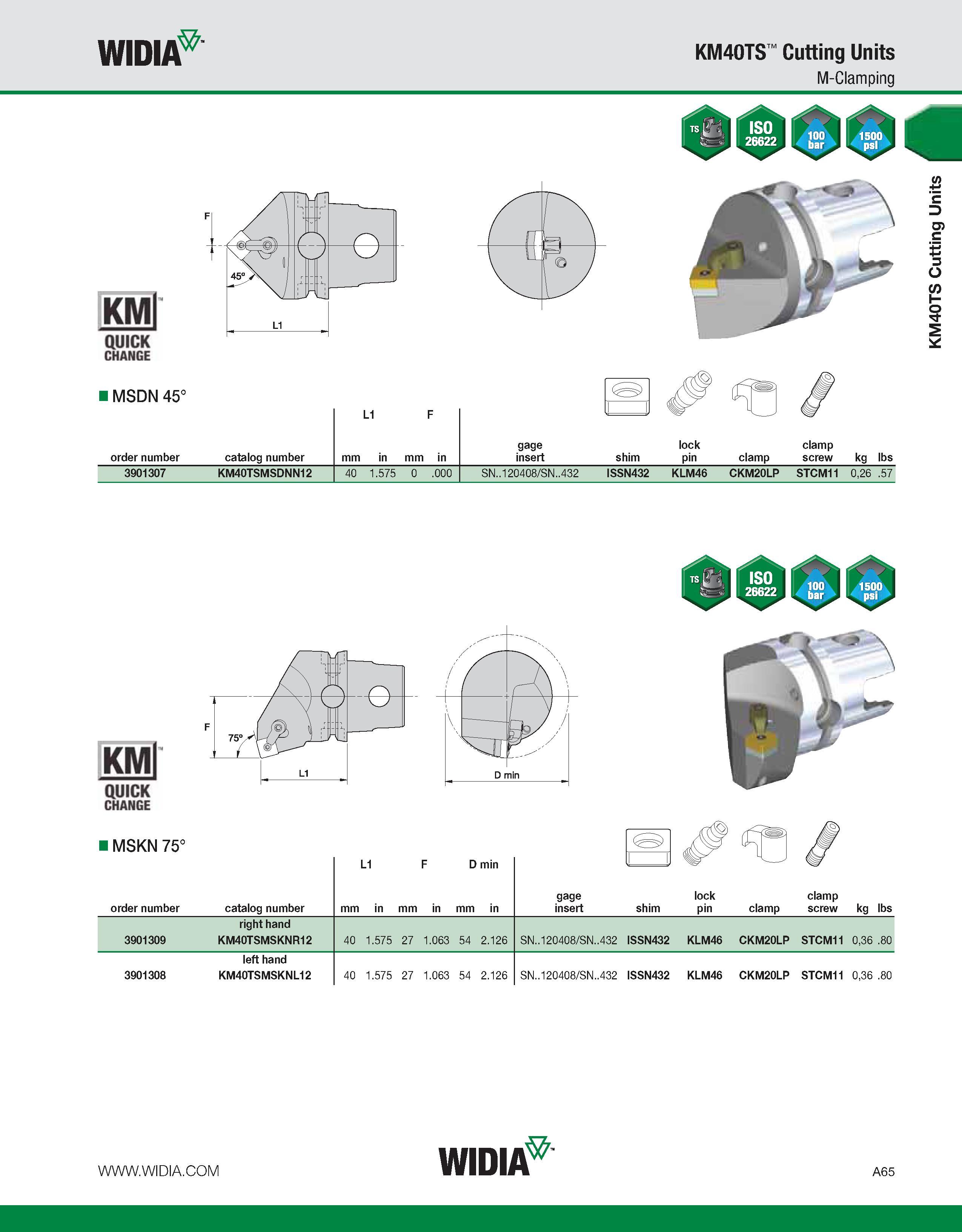 75 WIDIA KM40TS Cutting Units M-Clamping n x 1 450 y\ L1 n r I MSDN 45° order number catalog number L1 F mm in mm in gage insert shim lock pin clamp Каталог WIDIA 2011 Инструментальная оснастка для металлорежущих станков Вспомогательный инструмент для оборудования Адаптеры Насадки Оправки Патроны Стр. A65 ENG