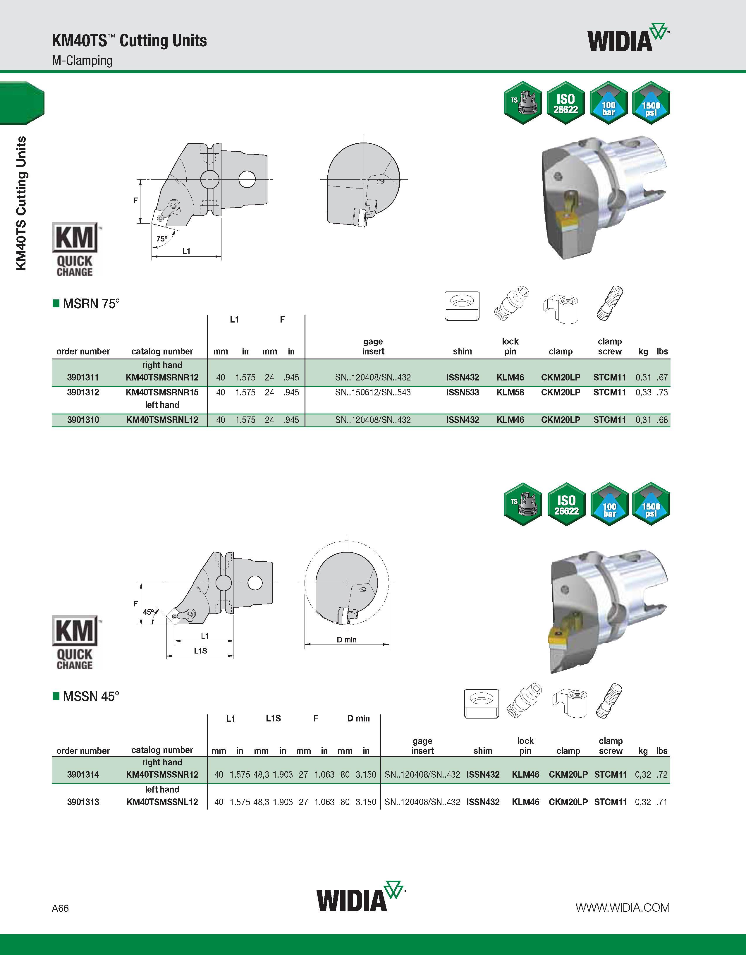 76 KM40TS Cutting Units KM40TS Cutting Units M-Clamping WIDIA KMl QUICK CHANGE MSRN 75° order number catalog number mm L1 in mm F in gage insert shi Каталог WIDIA 2011 Инструментальная оснастка для металлорежущих станков Вспомогательный инструмент для оборудования Адаптеры Насадки Оправки Патроны Стр. A66 ENG