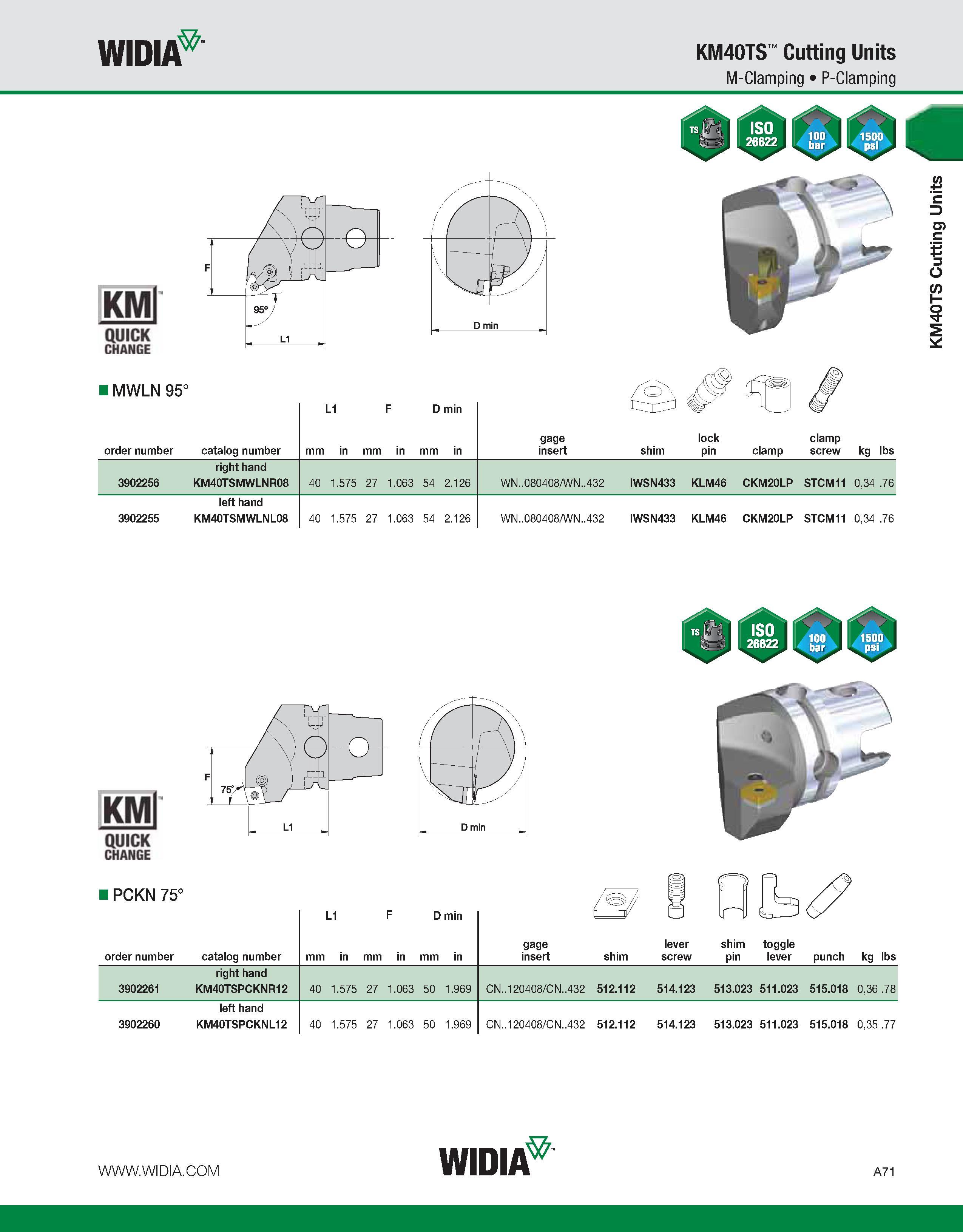 81 WIDIA KM40TS Cutting Units M-Clamping P-Clamping KMl QUICK CHANGE I MWLN 95° 4 O' L1 F D min %r' order number catalog number mm in mm in mm in ga Каталог WIDIA 2011 Инструментальная оснастка для металлорежущих станков Вспомогательный инструмент для оборудования Адаптеры Насадки Оправки Патроны Стр. A71 ENG