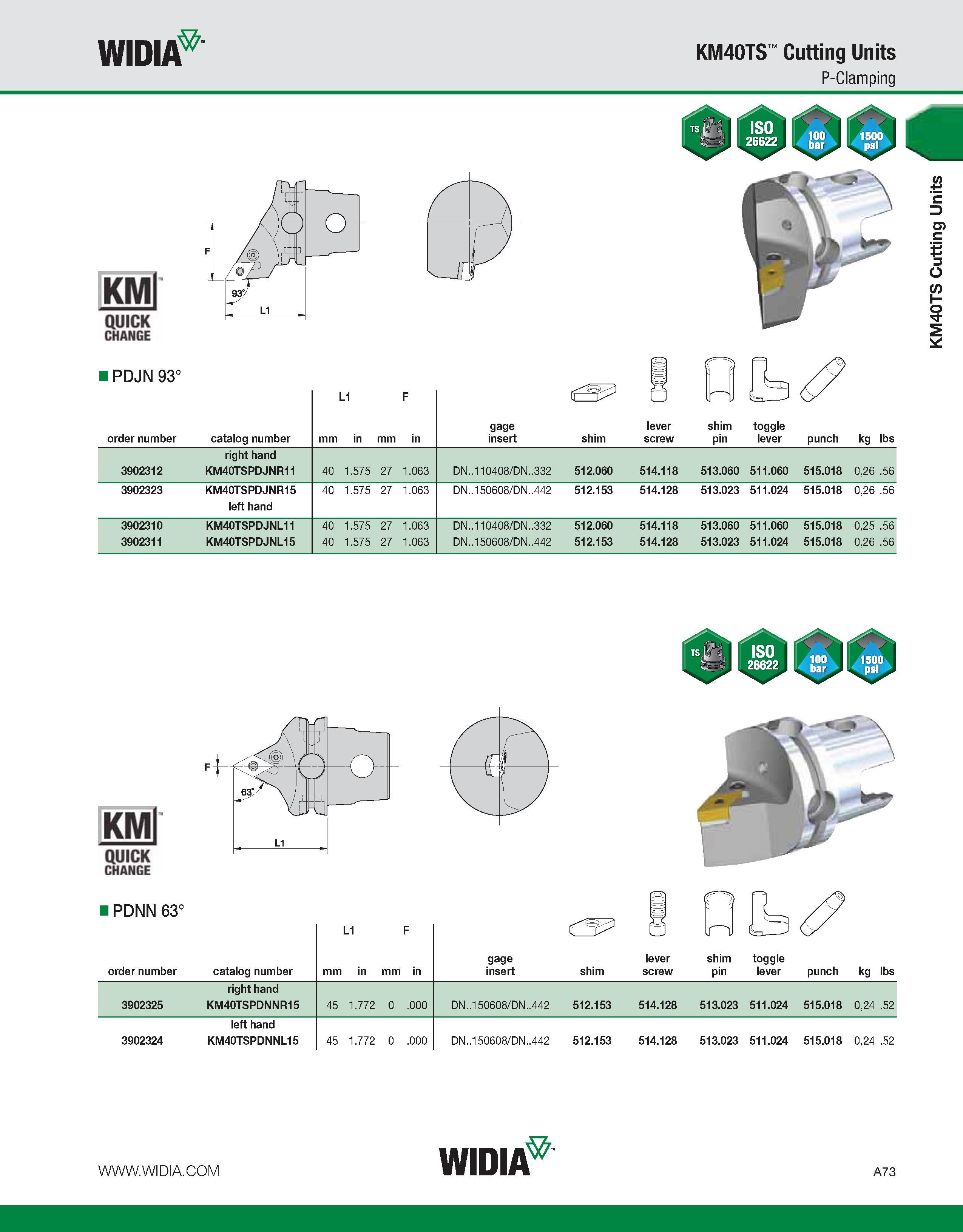 83 WIDIA KM40TS Cutting Units P-Clamping KMl QUICK CHANGE I PDJN 93° order number catalog number L1 mm in mm in gage insert shim lever screw shim pi Каталог WIDIA 2011 Инструментальная оснастка для металлорежущих станков Вспомогательный инструмент для оборудования Адаптеры Насадки Оправки Патроны Стр. A73 ENG