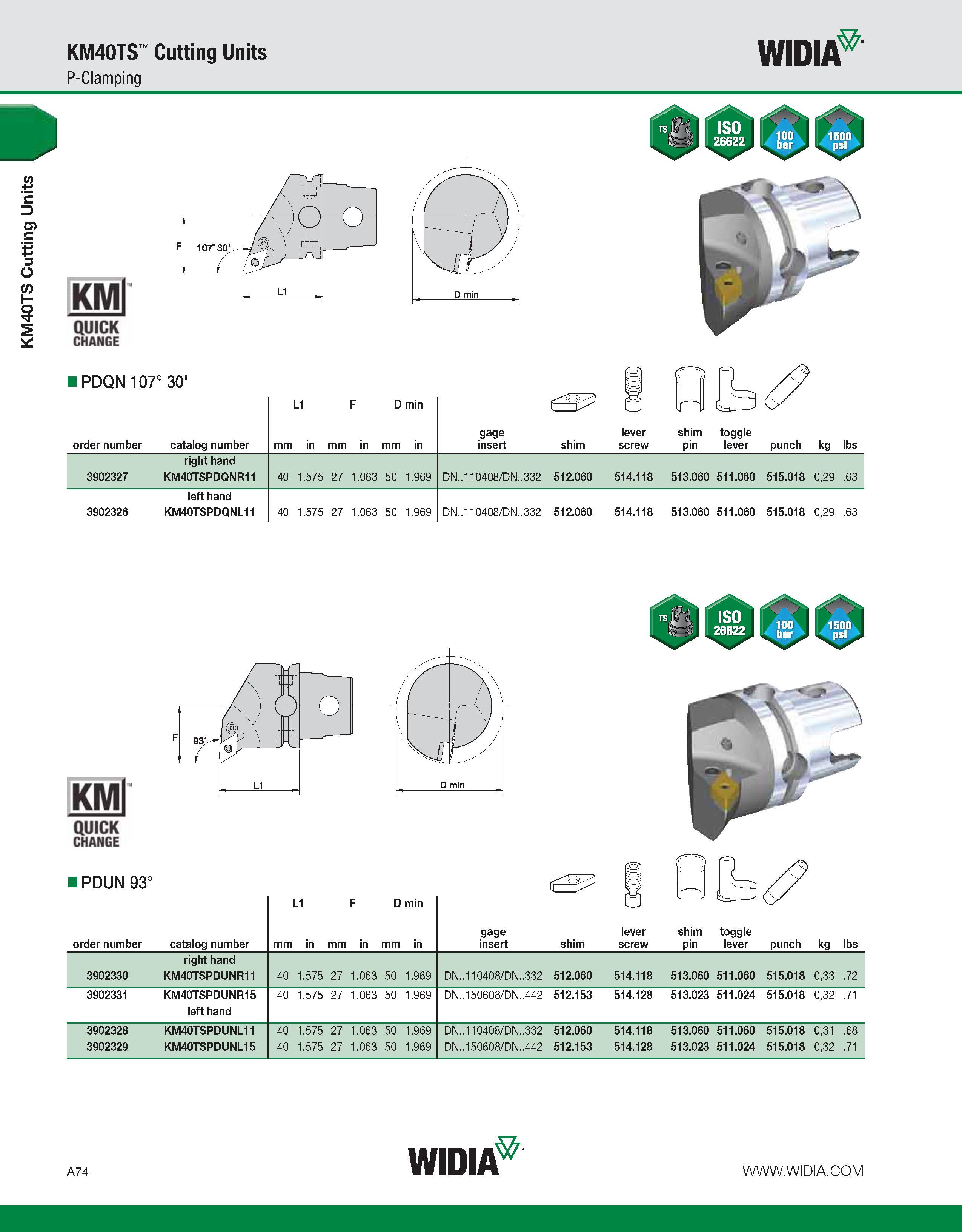 84 KM40TS Cutting Units KM40TS Cutting Units P-Clamping WIDIA KMl QUICK CHANGE PDQN 107° 30' order number catalog number L1 F D min mm in mm in mm i Каталог WIDIA 2011 Инструментальная оснастка для металлорежущих станков Вспомогательный инструмент для оборудования Адаптеры Насадки Оправки Патроны Стр. A74 ENG