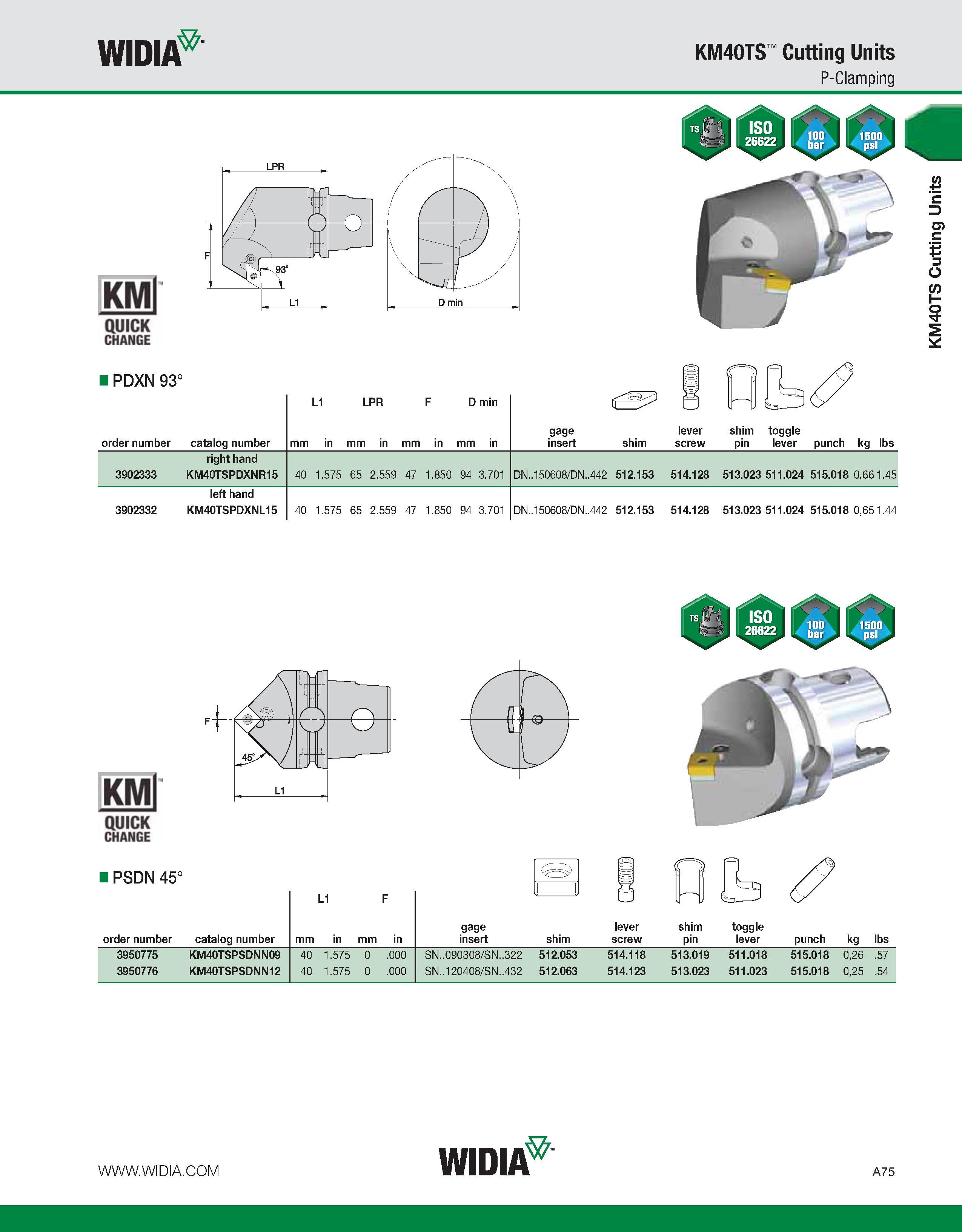 85 WIDIA KM40TS Cutting Units P-Clamping PDXN 93° order number catalog number L1 LPR F D min mm in mm in mm in mm in gage insert lever shim toggle s Каталог WIDIA 2011 Инструментальная оснастка для металлорежущих станков Вспомогательный инструмент для оборудования Адаптеры Насадки Оправки Патроны Стр. A75 ENG