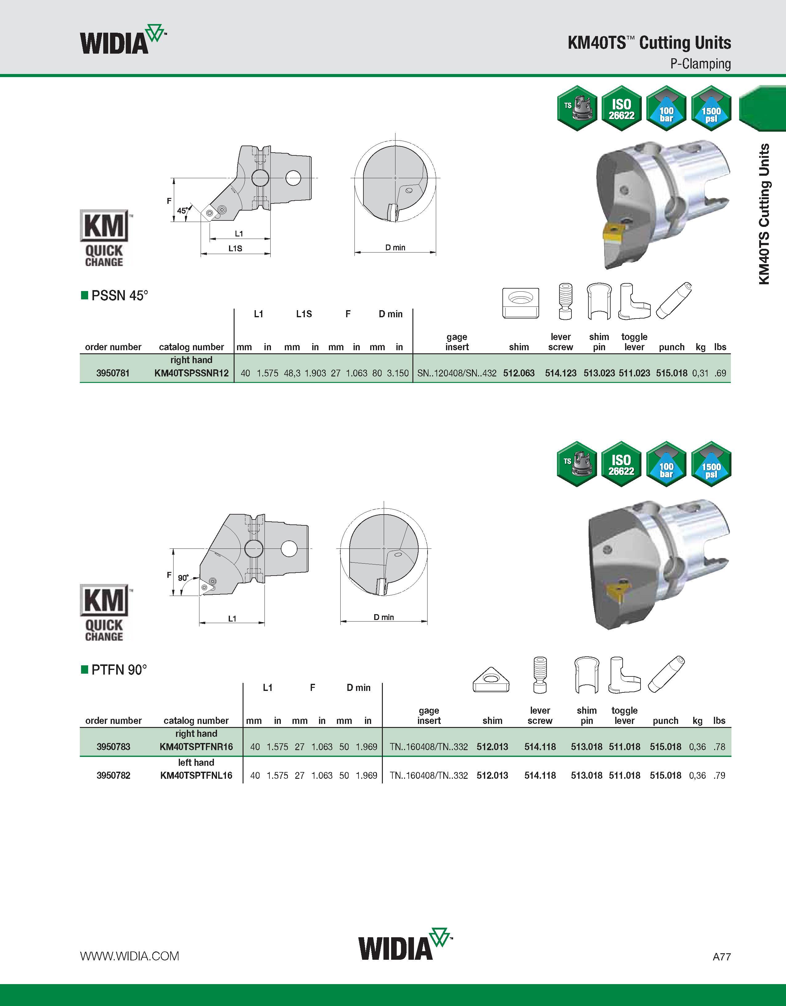 87 WIDIA KM40TS Cutting Units P-Clamping KMl QUICK CHANGE I PSSN 45° order number catalog number L1 L1S F D min mm in mm in mm in mm in SJ 3 gage in Каталог WIDIA 2011 Инструментальная оснастка для металлорежущих станков Вспомогательный инструмент для оборудования Адаптеры Насадки Оправки Патроны Стр. A77 ENG