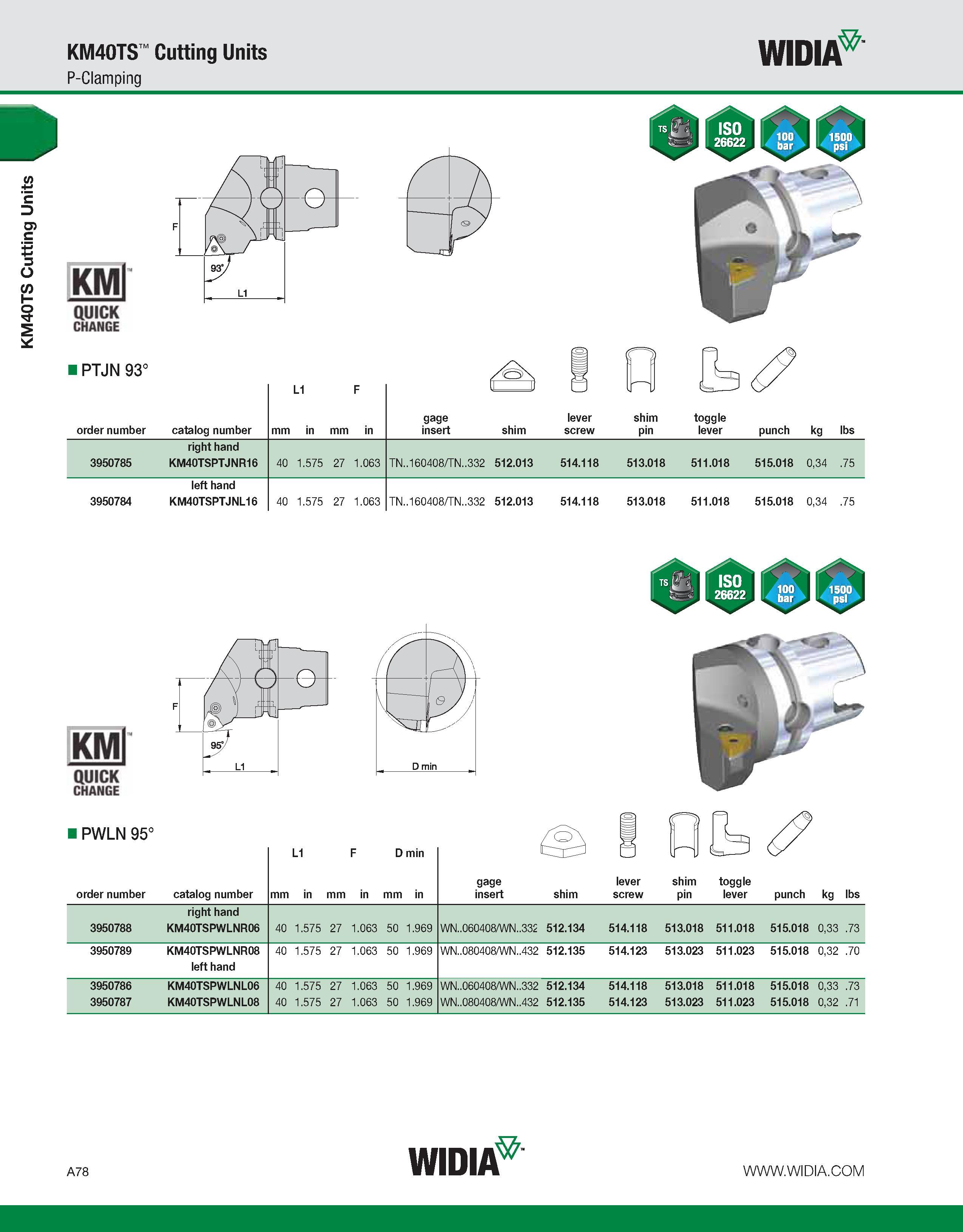 88 KM40TS Cutting Units KM40TS Cutting Units P-Clamping WIDIA KMl QUICK CHANGE PTJN 93° order number catalog number L1 F mm in mm in gage insert shi Каталог WIDIA 2011 Инструментальная оснастка для металлорежущих станков Вспомогательный инструмент для оборудования Адаптеры Насадки Оправки Патроны Стр. A78 ENG