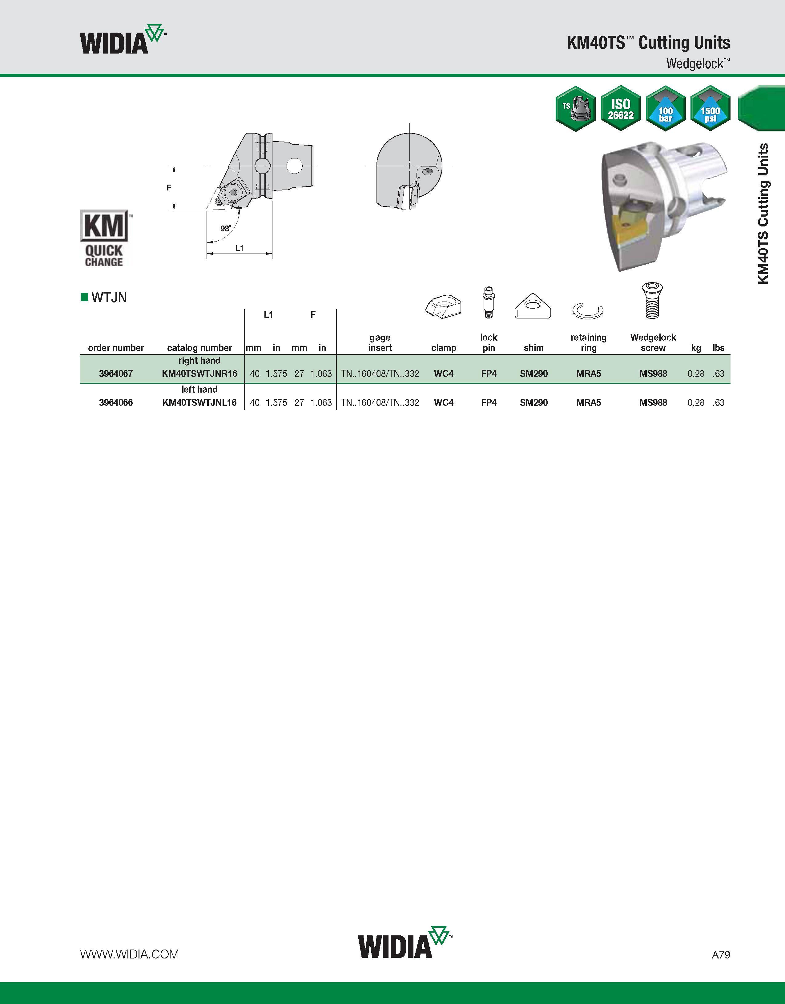 89 WIDIA KM40TS Cutting Units Wedgelock KMl QUICK CHANGE I WTJN order number catalog number L1 mm in mm in gage insert clamp lock pin shim retaining Каталог WIDIA 2011 Инструментальная оснастка для металлорежущих станков Вспомогательный инструмент для оборудования Адаптеры Насадки Оправки Патроны Стр. A79 ENG