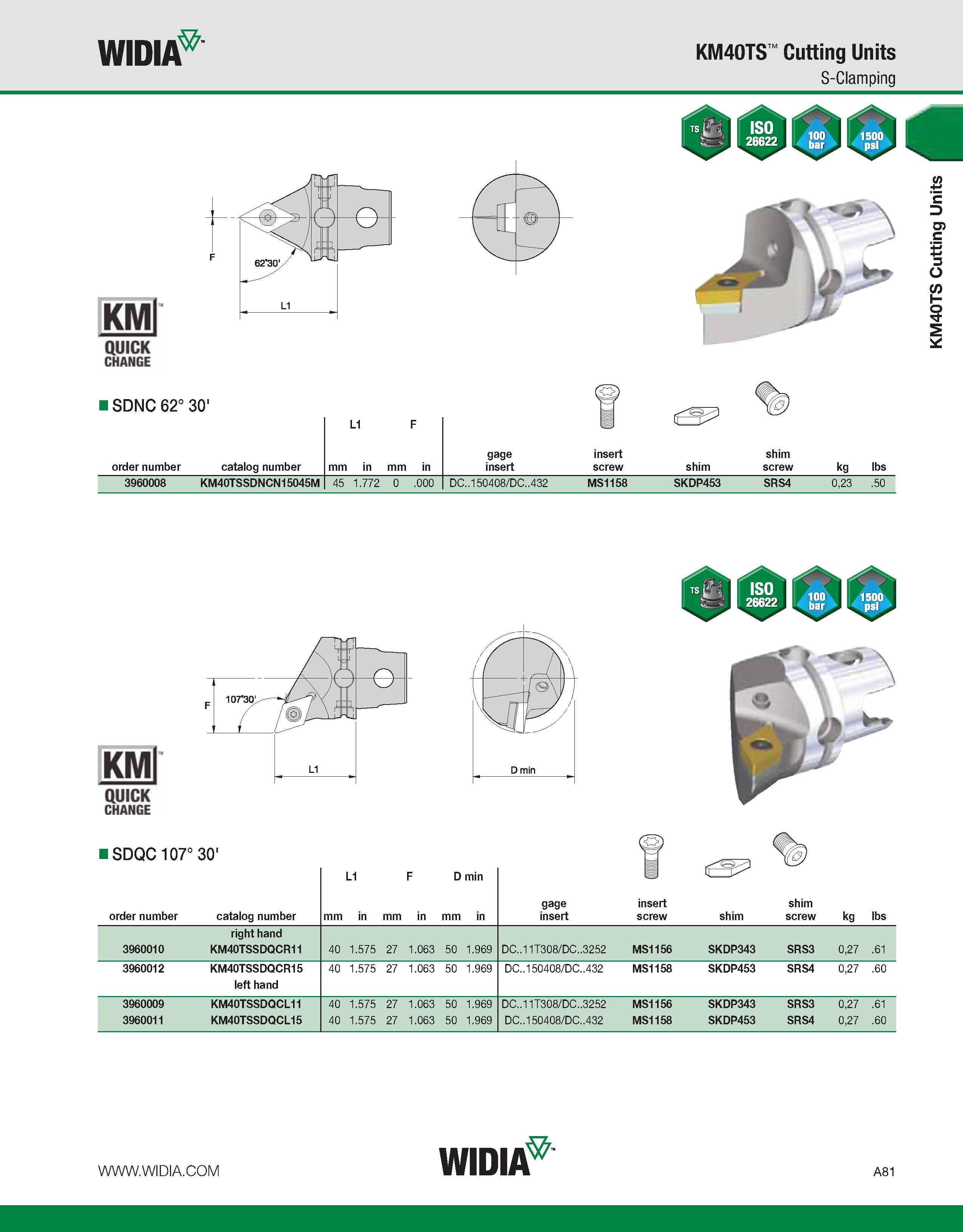 91 WIDIA KM40TS Cutting Units S-Clamping KMl QUICK CHANGE ISDNC 62° 30' Co) order number catalog number L1 F mm in mm in gage insert insert screw sh Каталог WIDIA 2011 Инструментальная оснастка для металлорежущих станков Вспомогательный инструмент для оборудования Адаптеры Насадки Оправки Патроны Стр. A81 ENG