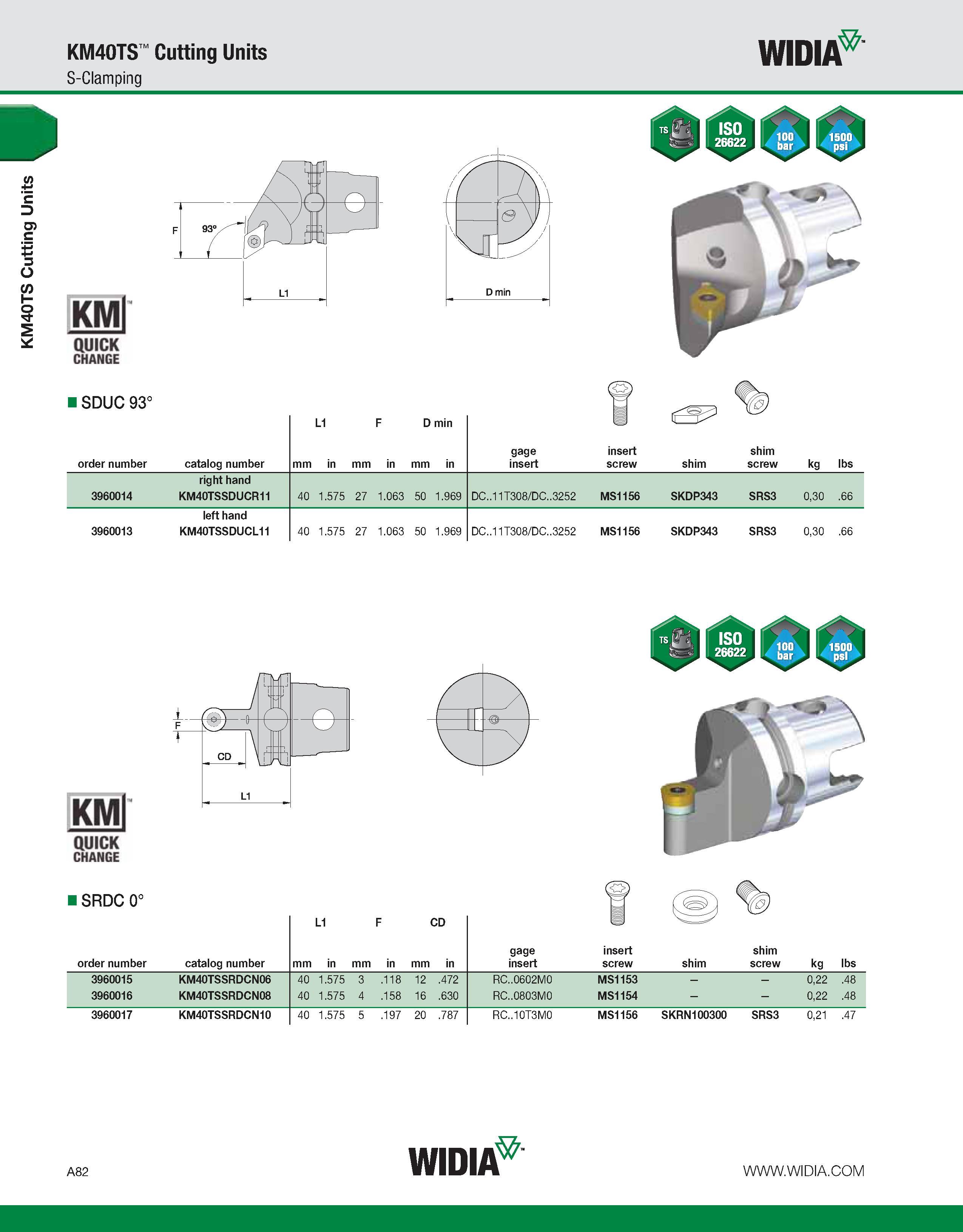 92 KM40TS Cutting Units KM40TS Cutting Units S-Clamping WIDIA KMl quick CHANGE ISDUC 93° (O) L1 F D min order number catalog number mm in mm in mm i Каталог WIDIA 2011 Инструментальная оснастка для металлорежущих станков Вспомогательный инструмент для оборудования Адаптеры Насадки Оправки Патроны Стр. A82 ENG