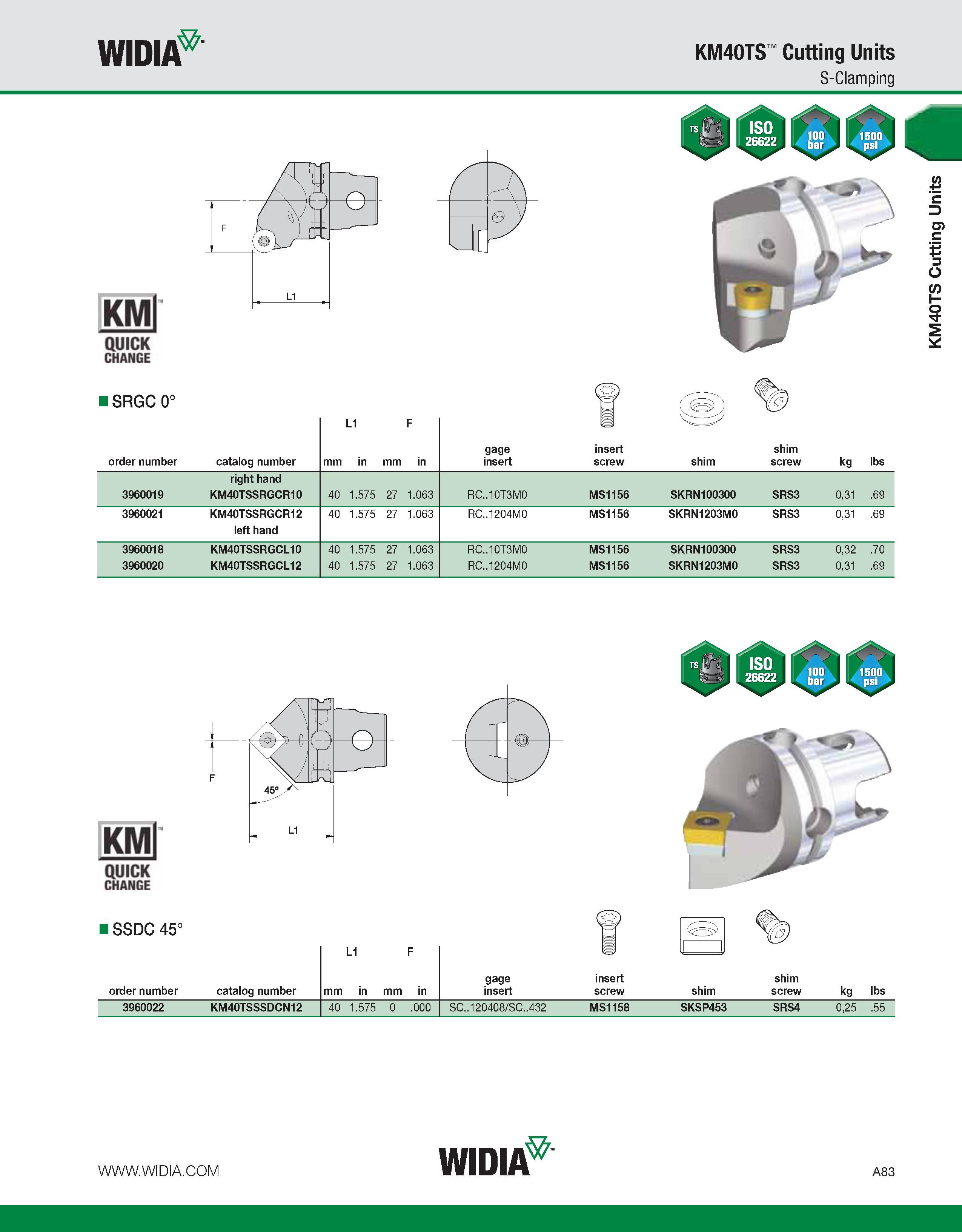 93 WIDIA KM40TS Cutting Units S-Clamping KMl QUICK CHANGE I SRGC 0° order number catalog number mm L1 in mm F in gage insert insert screw shim shim Каталог WIDIA 2011 Инструментальная оснастка для металлорежущих станков Вспомогательный инструмент для оборудования Адаптеры Насадки Оправки Патроны Стр. A83 ENG
