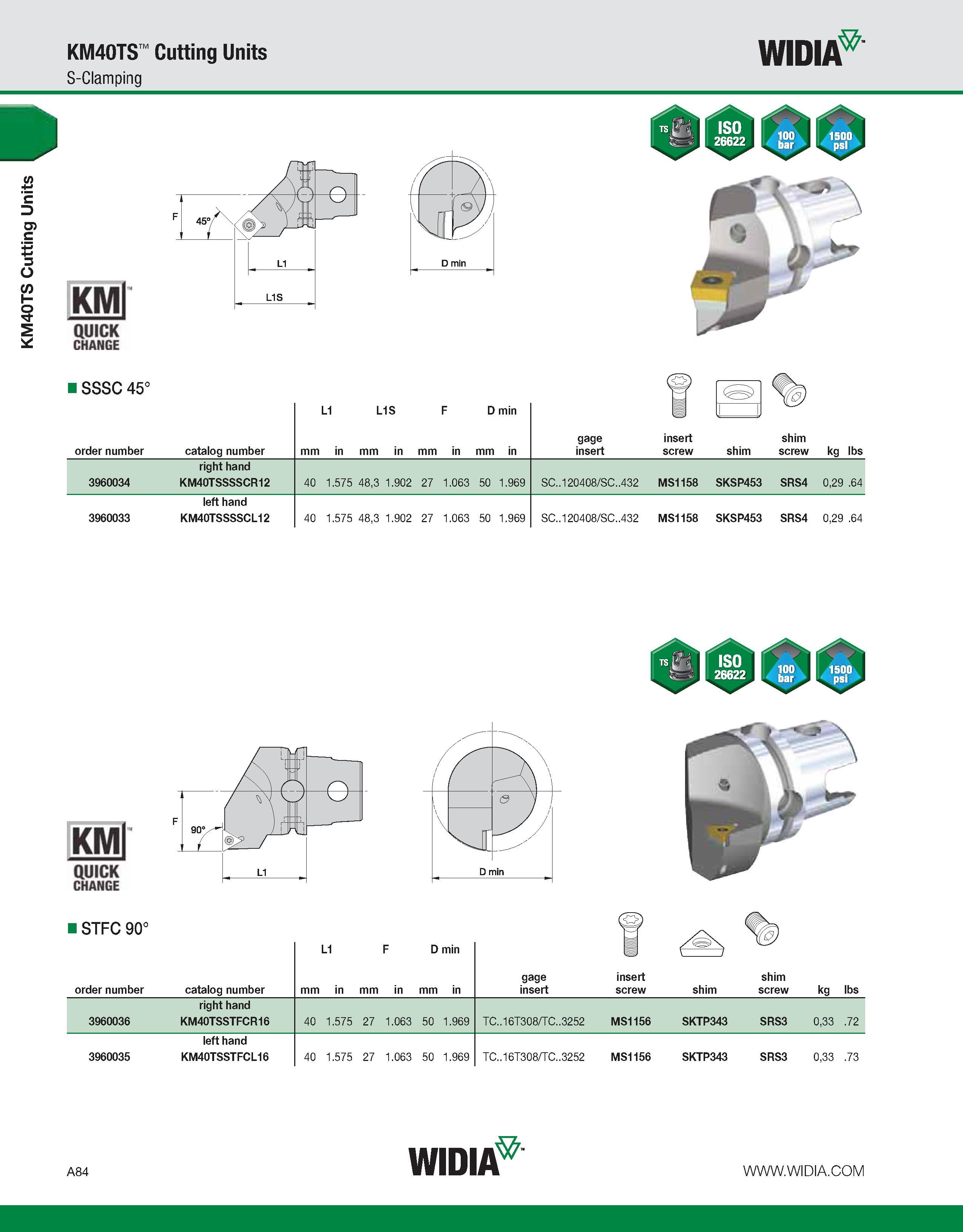 94 KM40TS Cutting Units KM40TS Cutting Units S-Clamping WIDIA KMl QUICK CHANGE SSSC 45° H (<S>1 L1 L1S F D min B order number catalog number mm in m Каталог WIDIA 2011 Инструментальная оснастка для металлорежущих станков Вспомогательный инструмент для оборудования Адаптеры Насадки Оправки Патроны Стр. A84 ENG