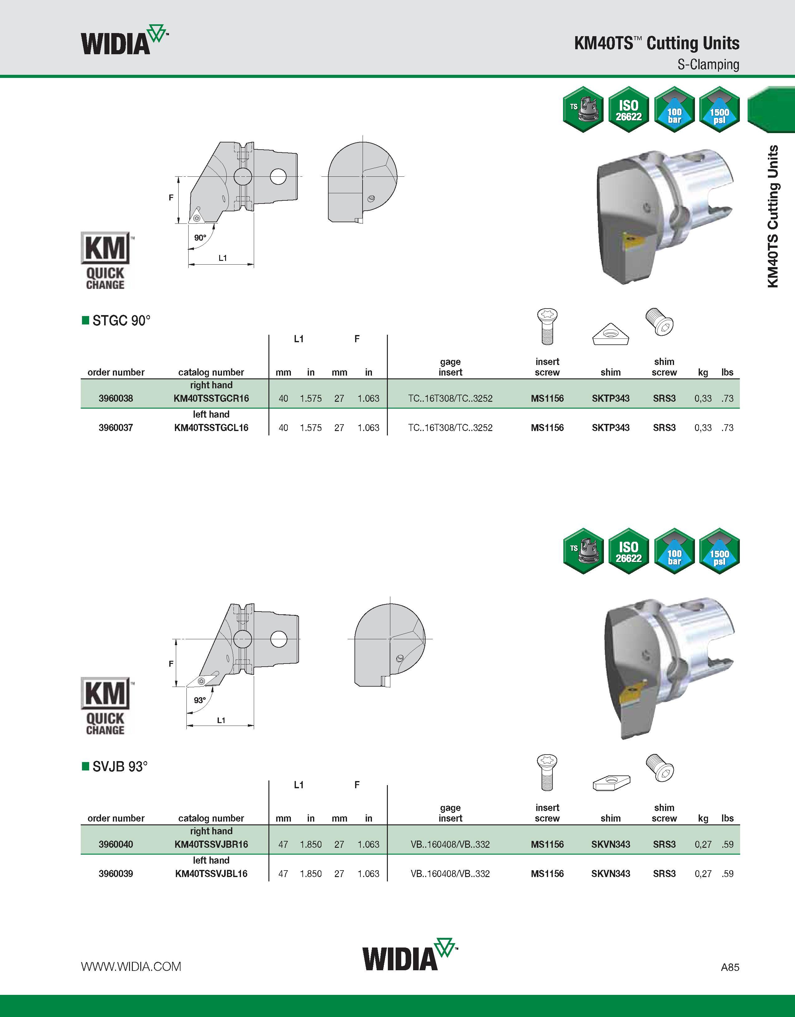 95 WIDIA KM40TS Cutting Units S-Clamping KMl QUICK CHANGE STGC 90° L1 in F in i /Qk order number catalog number mm mm gage insert insert screw 1 shi Каталог WIDIA 2011 Инструментальная оснастка для металлорежущих станков Вспомогательный инструмент для оборудования Адаптеры Насадки Оправки Патроны Стр. A85 ENG