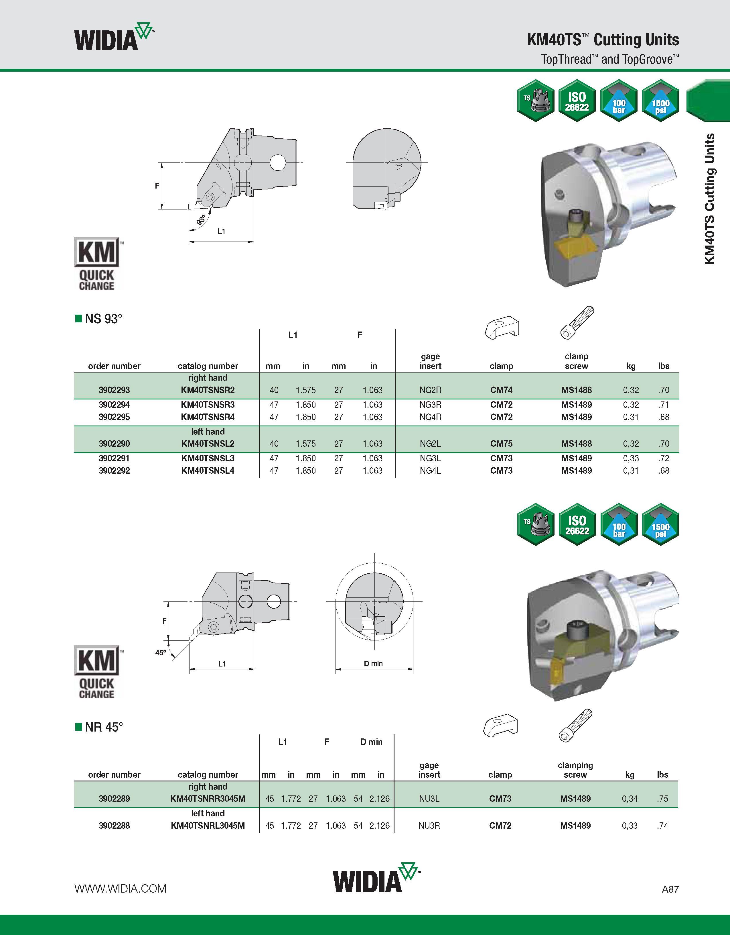 97 WIDIA KM40TS Cutting Units TopThread and TopGroove I NS 93° order number catalog number mm L1 in mm F in gage insert clamp clamp screw kg lbs rig Каталог WIDIA 2011 Инструментальная оснастка для металлорежущих станков Вспомогательный инструмент для оборудования Адаптеры Насадки Оправки Патроны Стр. A87 ENG
