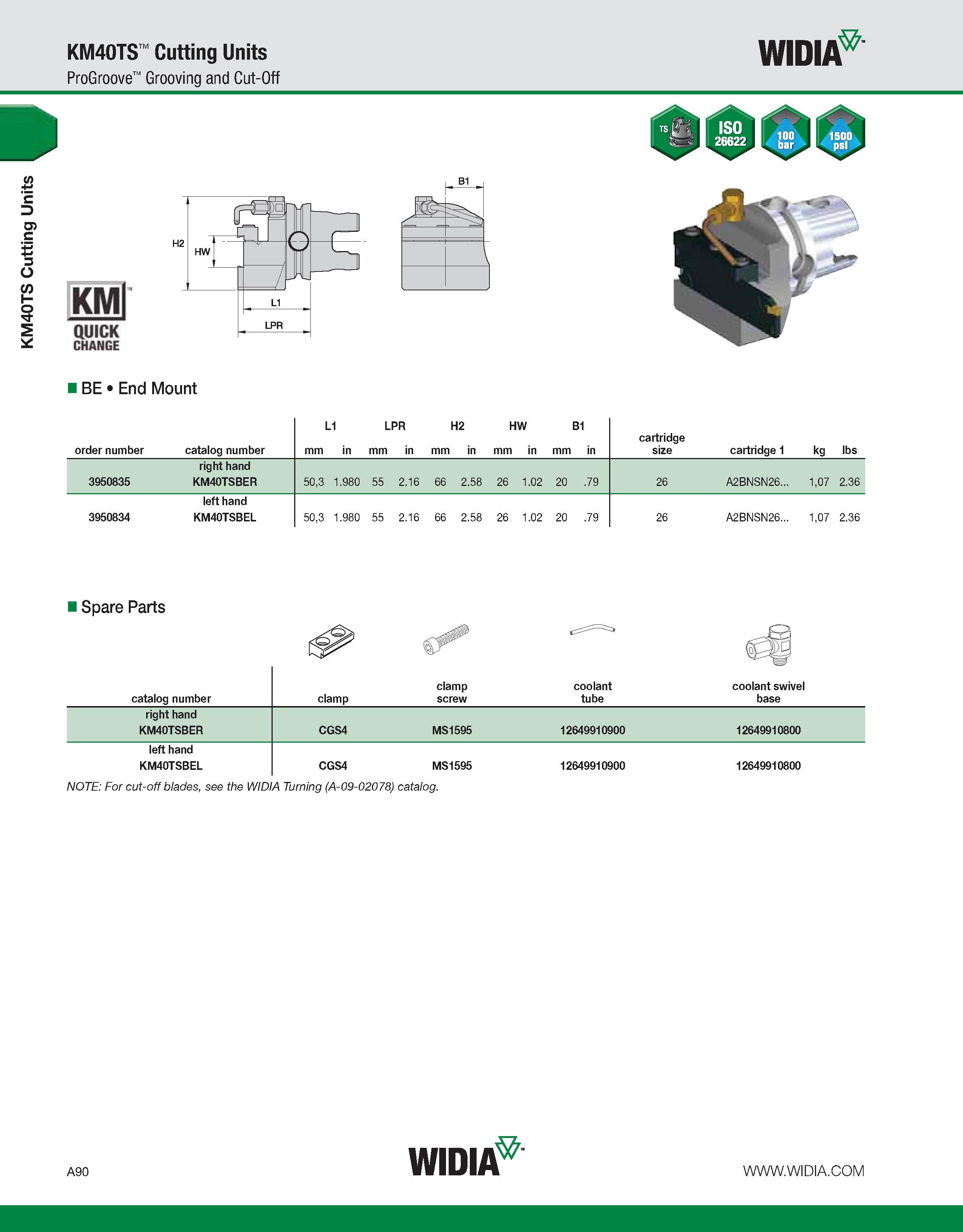 100 KM40TS Cutting Units KM40TS Cutting Units ProGroove Grooving and Cut-Off WIDIA KMl QUICK CHANGE jib V BE End Mount order number catalog number L1 Каталог WIDIA 2011 Инструментальная оснастка для металлорежущих станков Вспомогательный инструмент для оборудования Адаптеры Насадки Оправки Патроны Стр. A90 ENG