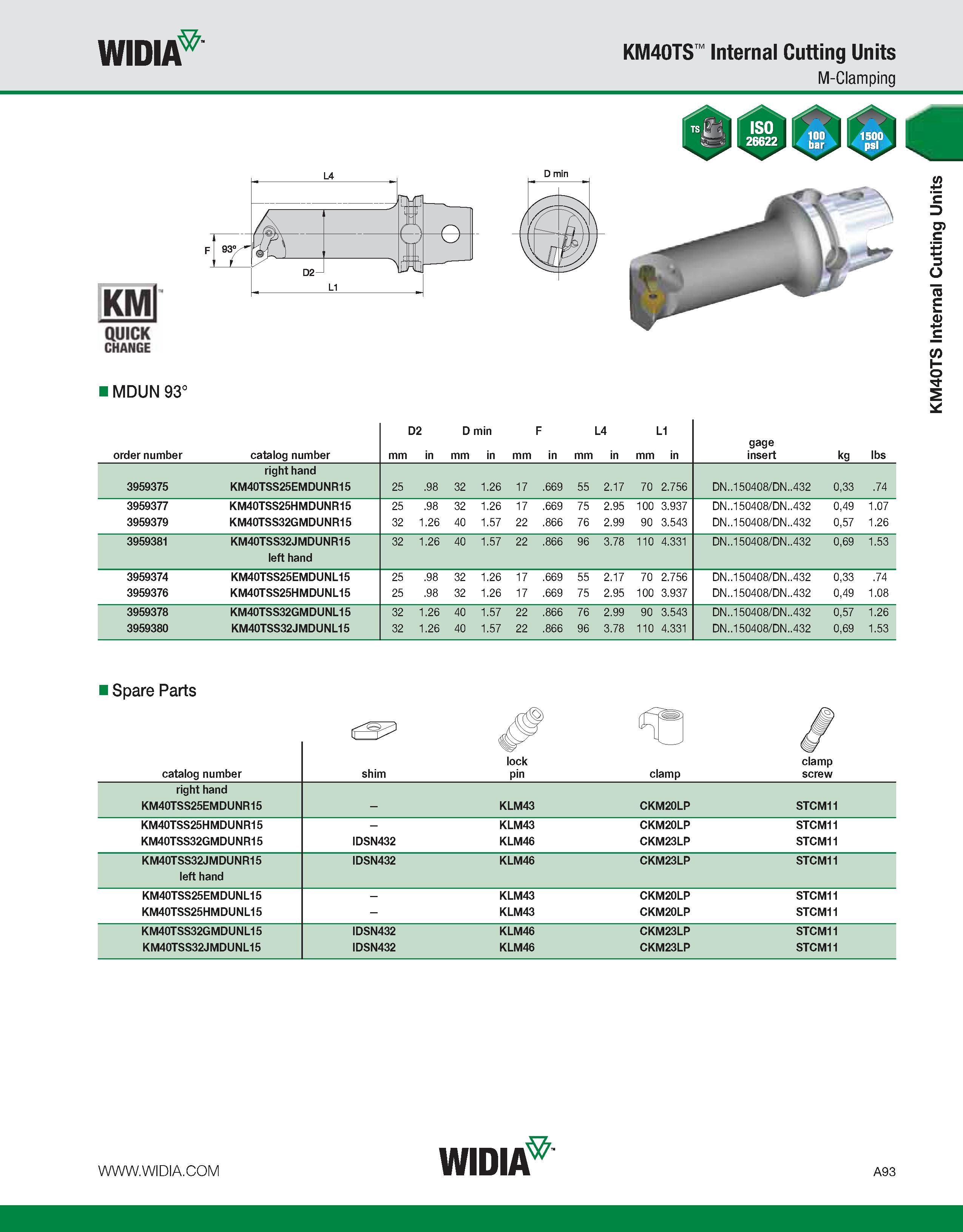 103 WIDIA KM40TS Internal Cutting Units M-Clamping KMl QUICK CHANGE D min IMDUN 93° order number catalog number mm D2 in D min mm in mm F in mm L4 in Каталог WIDIA 2011 Инструментальная оснастка для металлорежущих станков Вспомогательный инструмент для оборудования Адаптеры Насадки Оправки Патроны Стр. A93 ENG