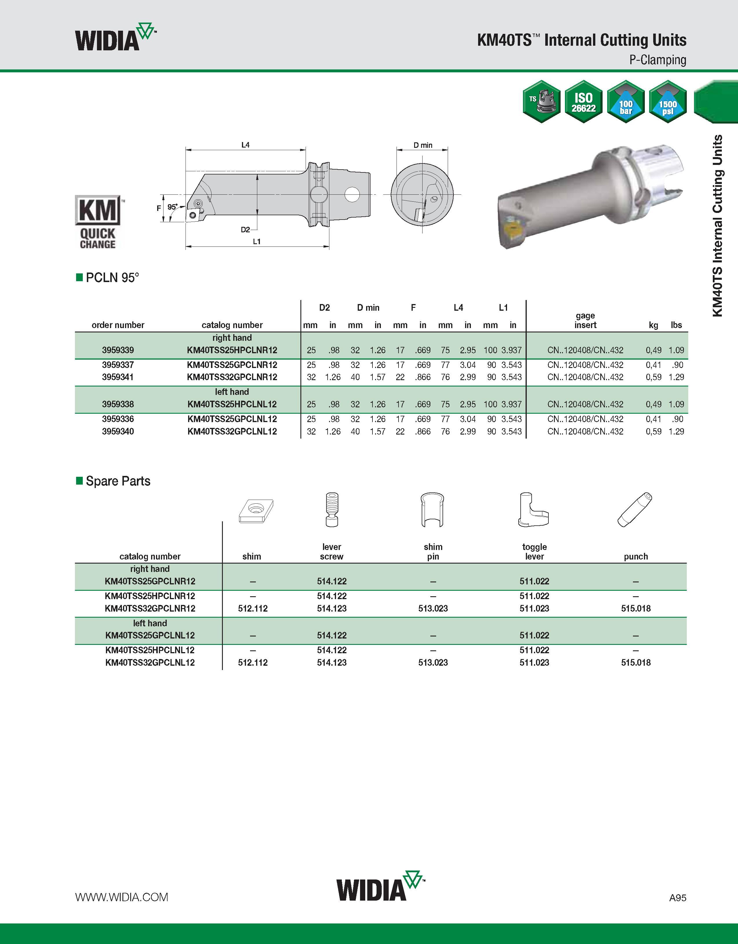 105 WIDIA KM40TS Internal Cutting Units P-Clamping KMl QUICK CHANGE I PCLN 95° order number catalog number mm D2 in D min mm in mm F in mm L4 in mm L Каталог WIDIA 2011 Инструментальная оснастка для металлорежущих станков Вспомогательный инструмент для оборудования Адаптеры Насадки Оправки Патроны Стр. A95 ENG