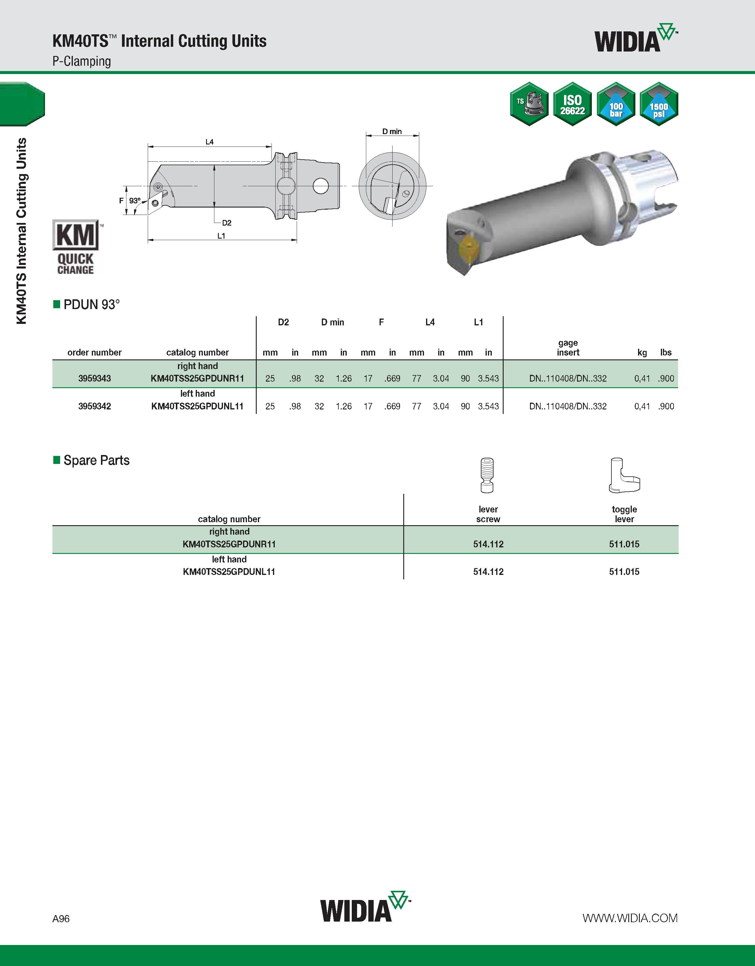 106 KM40TS Internal Cutting Units KM40TS Internal Cutting Units P-Clamping WIDIA KMl QUICK CHANGE PDUN 93° D2 D min F L4 L1 order number catalog numb Каталог WIDIA 2011 Инструментальная оснастка для металлорежущих станков Вспомогательный инструмент для оборудования Адаптеры Насадки Оправки Патроны Стр. A96 ENG