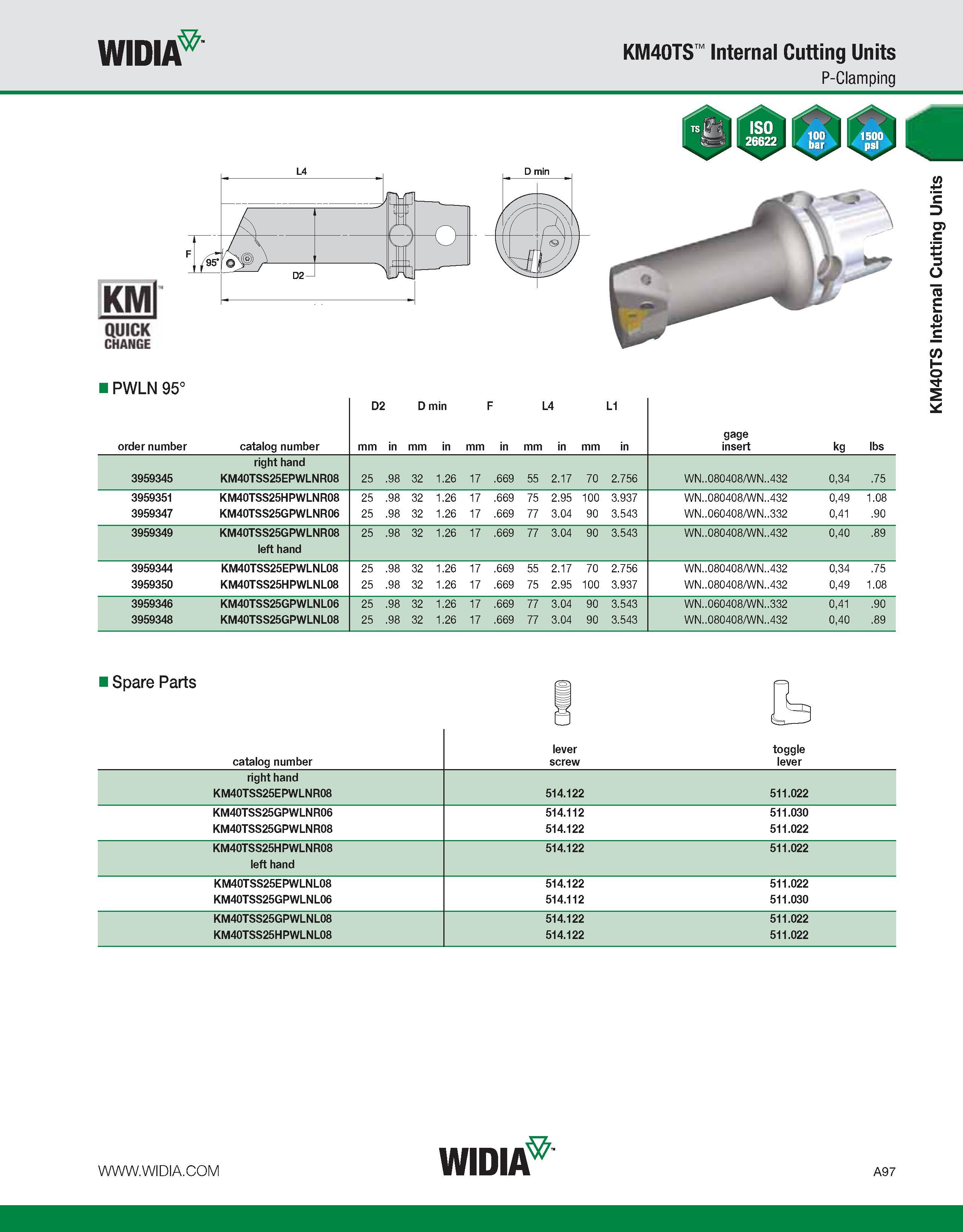 107 WIDIA KM40TS Internal Cutting Units P-Clamping KMl QUICK CHANGE L4 D2 ± D min I PWLN 95° D2 D min F L4 L1 order number catalog number mm in mm in Каталог WIDIA 2011 Инструментальная оснастка для металлорежущих станков Вспомогательный инструмент для оборудования Адаптеры Насадки Оправки Патроны Стр. A97 ENG