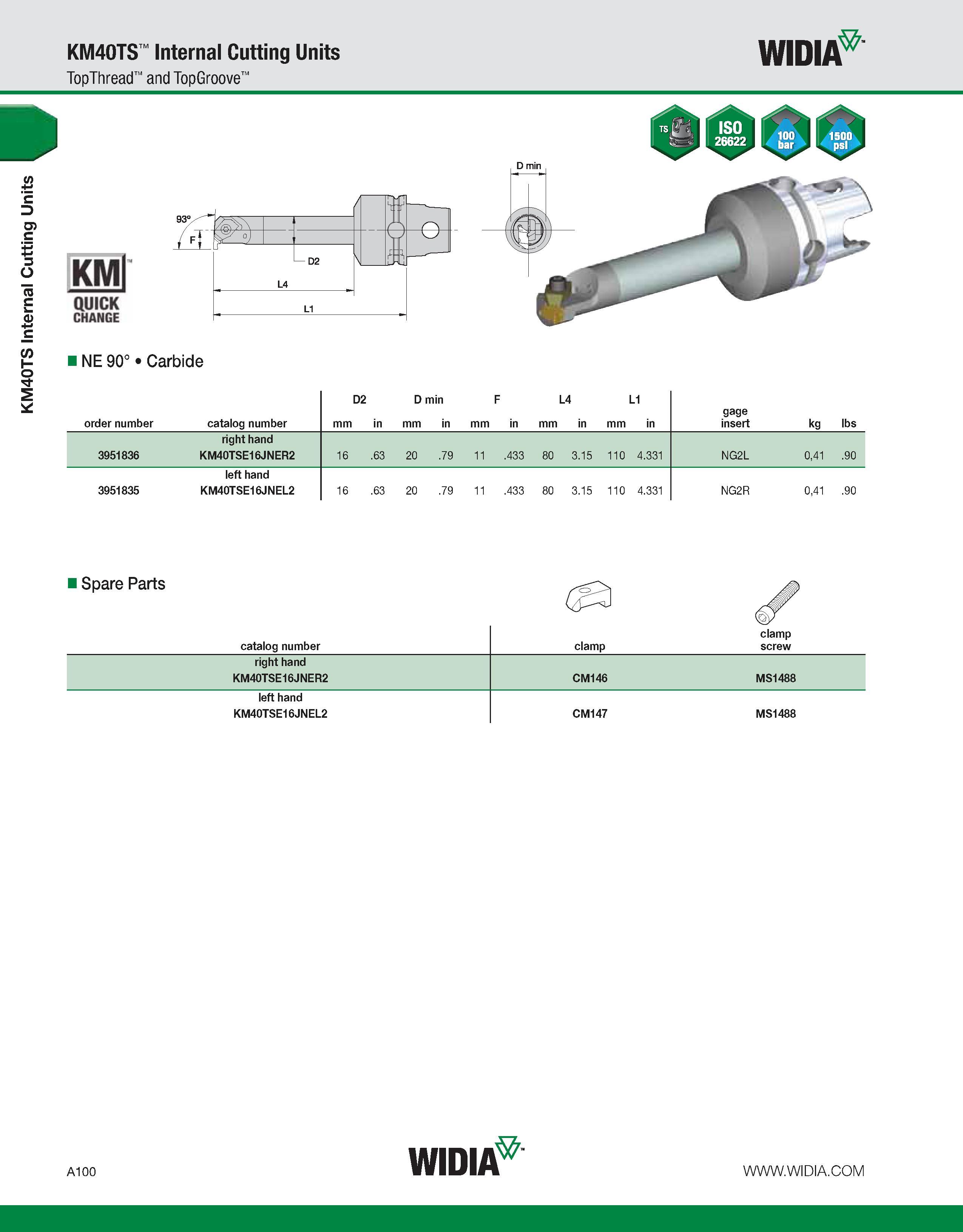 110 KM40TS Internal Cutting Units KM40TS Internal Cutting Units TopThread and TopGroove WIDIA KMl QUICK CHANGE NE 90° Carbide order number catalog nu Каталог WIDIA 2011 Инструментальная оснастка для металлорежущих станков Вспомогательный инструмент для оборудования Адаптеры Насадки Оправки Патроны Стр. A100 ENG