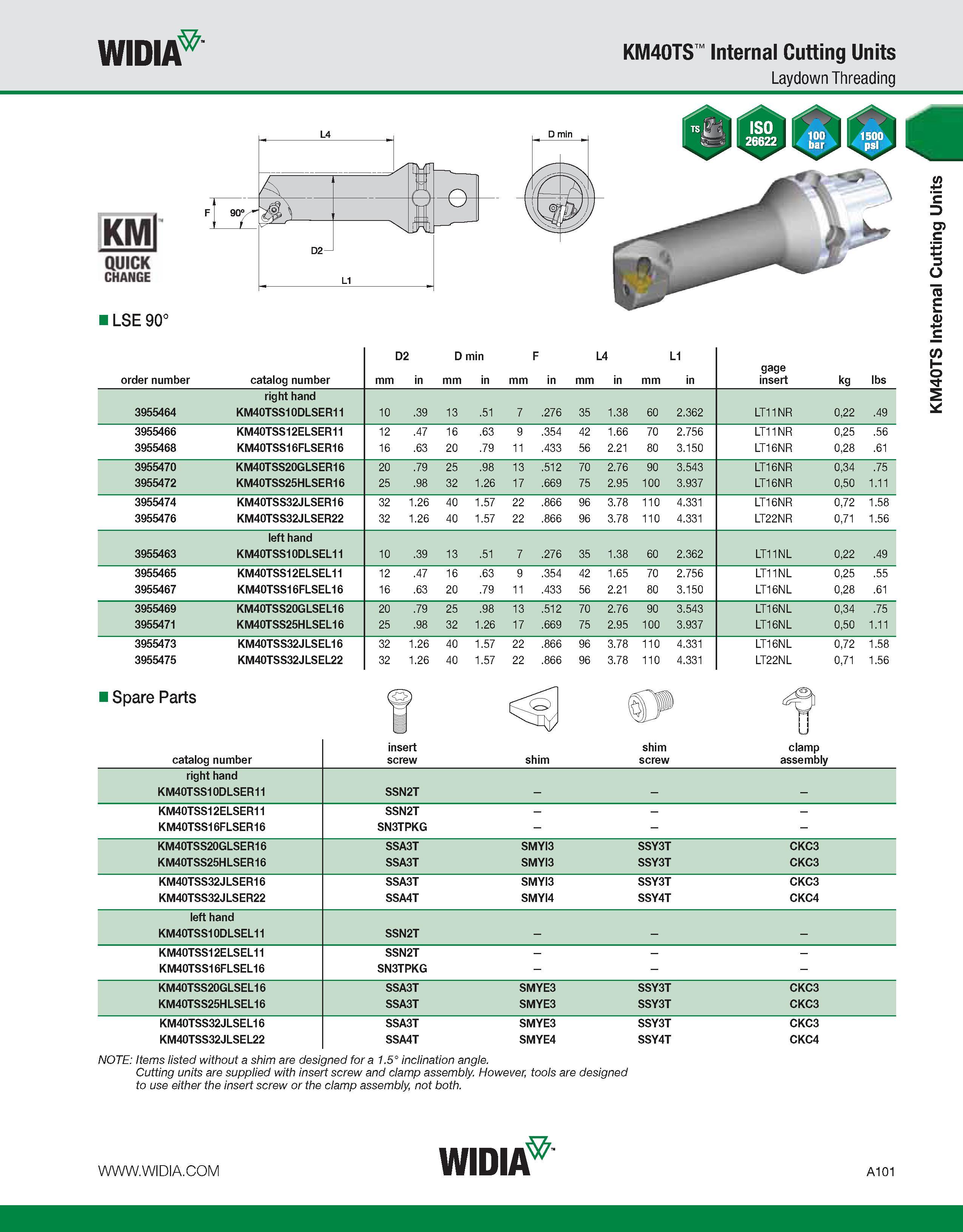 111 WIDIA KM40TS Internal Cutting Units Laydown Threading LSE 90° order number catalog number mm D2 in D min mm in mm F in mm L4 in mm L1 in gage ins Каталог WIDIA 2011 Инструментальная оснастка для металлорежущих станков Вспомогательный инструмент для оборудования Адаптеры Насадки Оправки Патроны Стр. A101 ENG