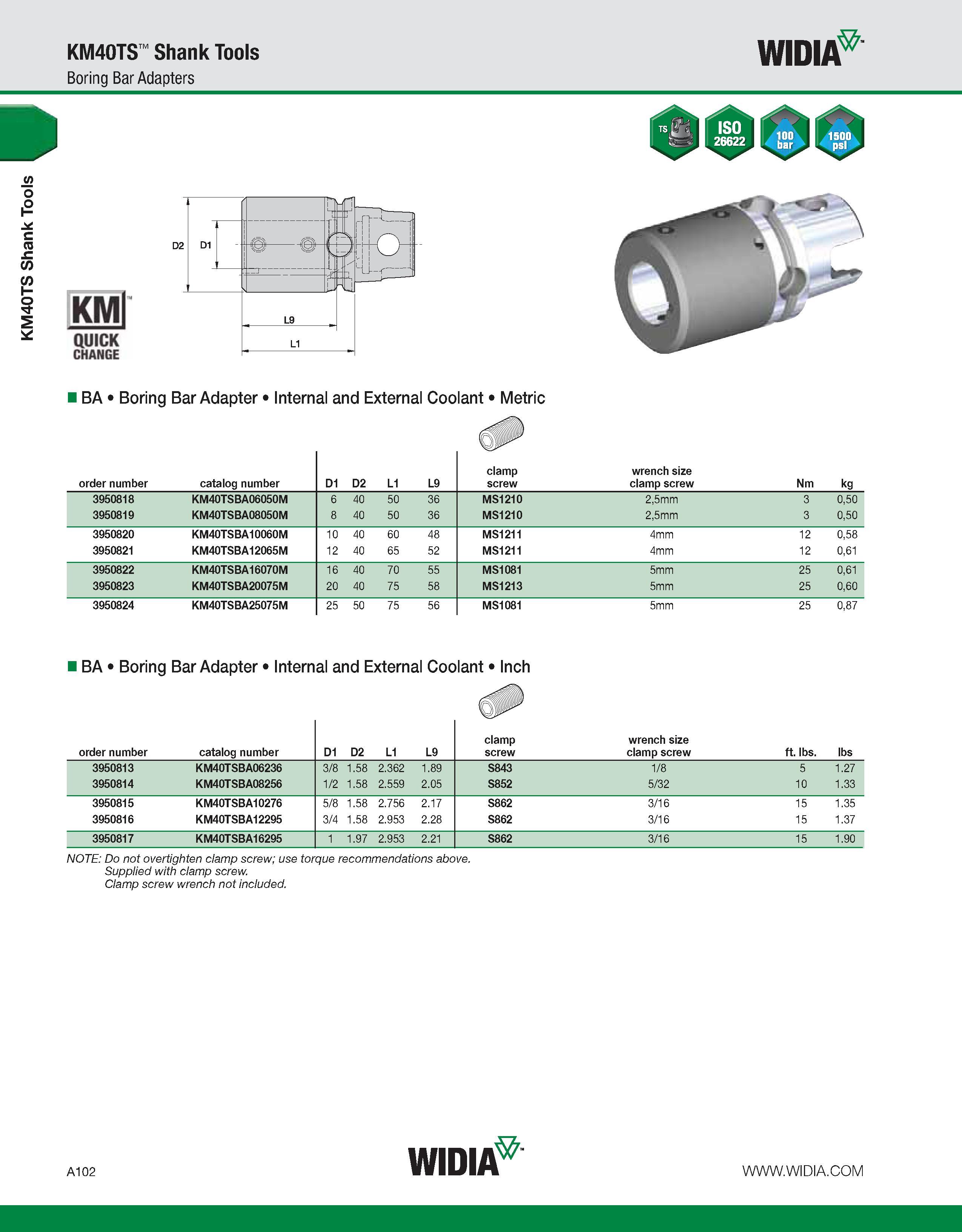 112 KM40TS Shank Tools KM40TS Shank Tools Boring Bar Adapters WIDIA KMl QUICK CHANGE BA Boring Bar Adapter Internal and External Coolant Metric order Каталог WIDIA 2011 Инструментальная оснастка для металлорежущих станков Вспомогательный инструмент для оборудования Адаптеры Насадки Оправки Патроны Стр. A102 ENG