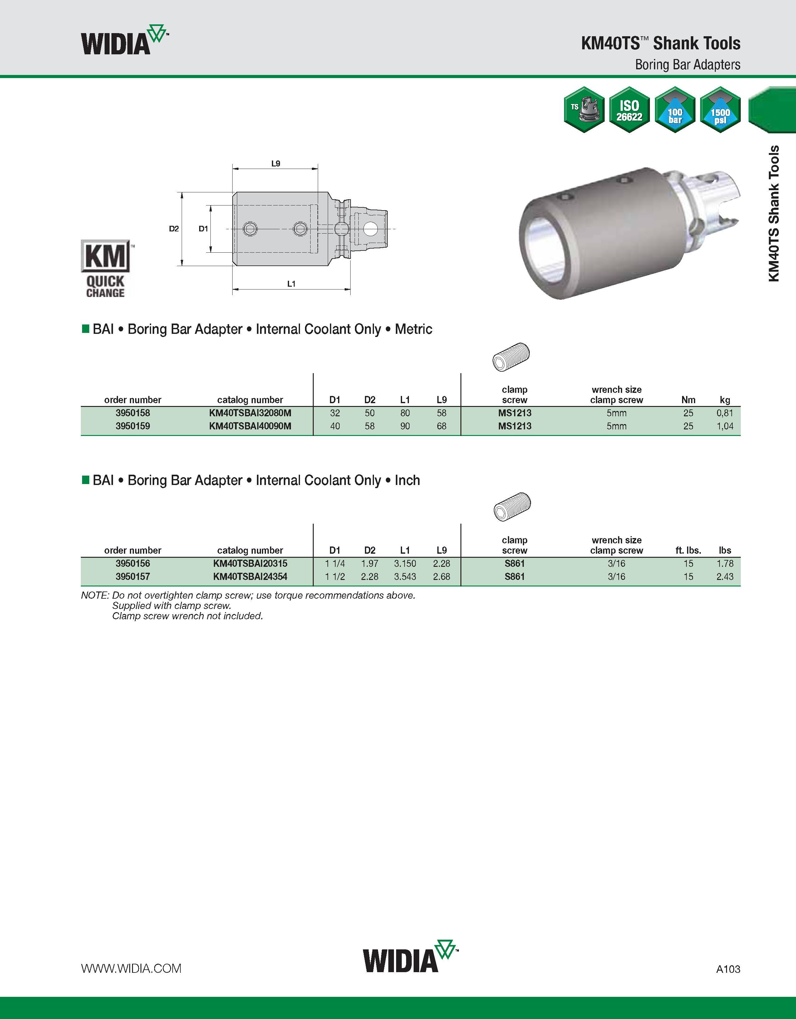 113 WIDIA KM40TS Shank Tools Boring Bar Adapters i BAI Boring Bar Adapter Internal Coolant Only Metric order number catalog number D1 D2 L1 L9 clamp Каталог WIDIA 2011 Инструментальная оснастка для металлорежущих станков Вспомогательный инструмент для оборудования Адаптеры Насадки Оправки Патроны Стр. A103 ENG