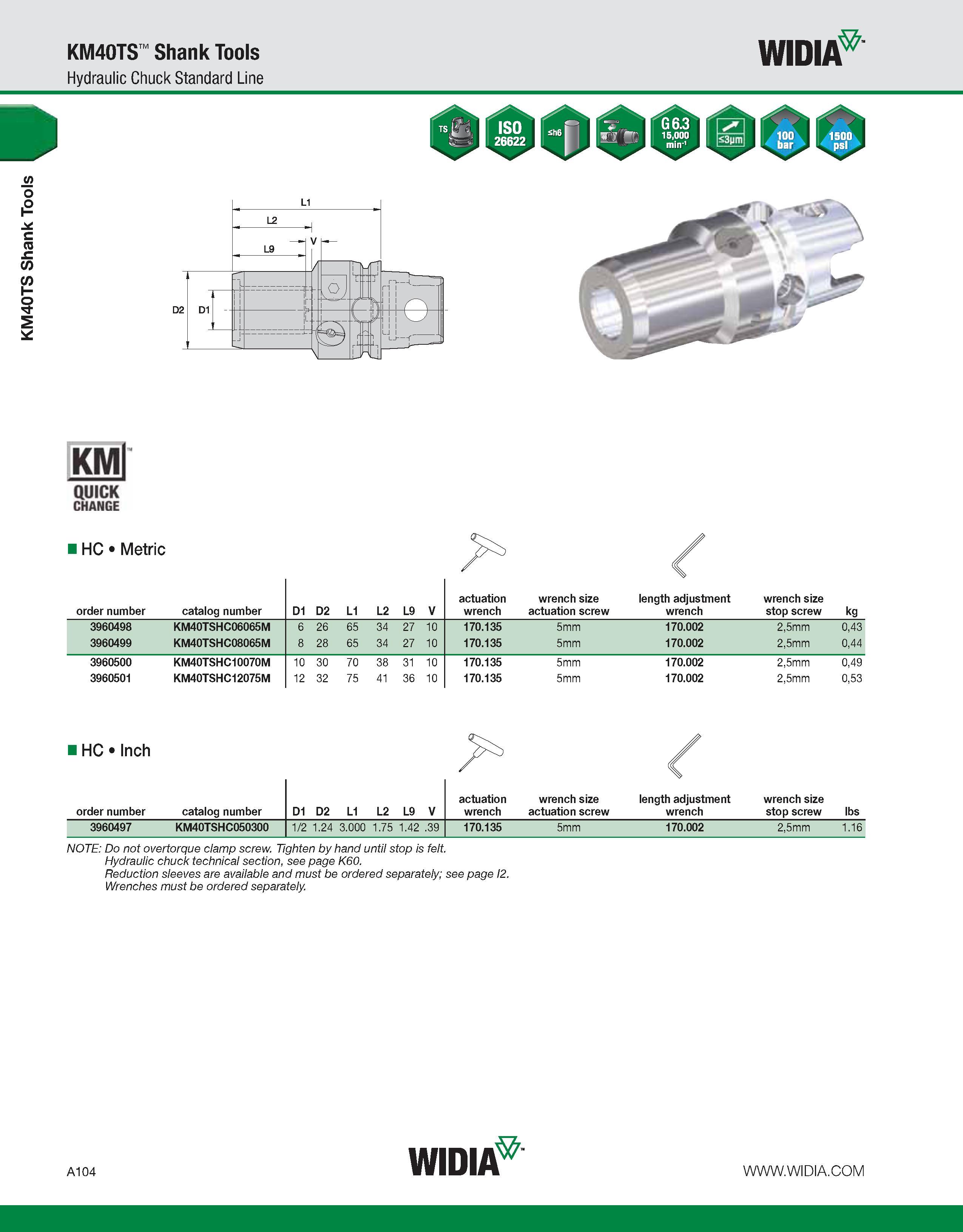 114 KM40TS Shank Tools KM40TS Shank Tools Hydraulic Chuck Standard Line WIDIA KMl QUICK CHANGE HC Metric order number catalog number D1 D2 L1 L2 L9 V Каталог WIDIA 2011 Инструментальная оснастка для металлорежущих станков Вспомогательный инструмент для оборудования Адаптеры Насадки Оправки Патроны Стр. A104 ENG