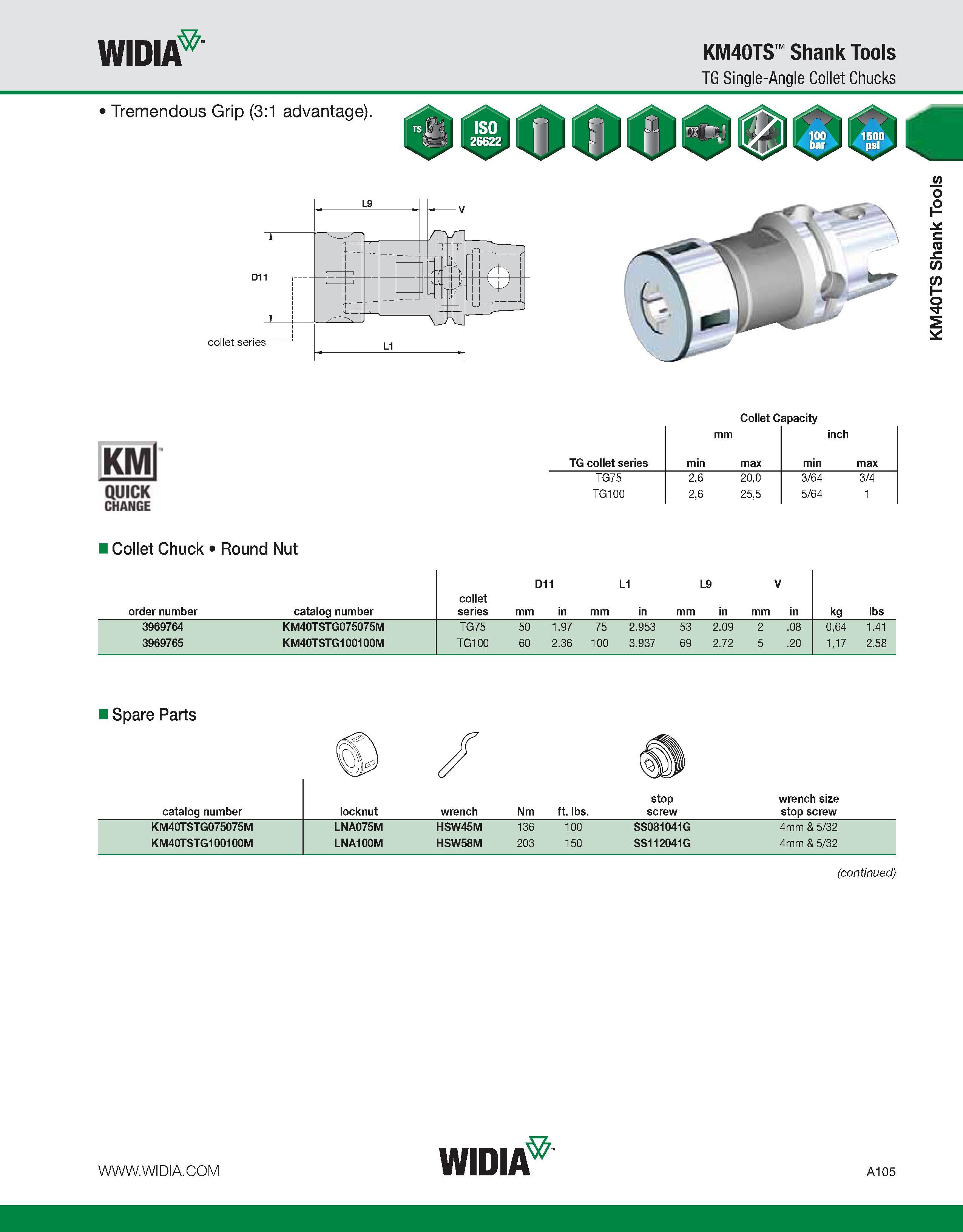 115 WIDIA KM40TS Shank Tools TG Single-Angle Collet Chucks Collet Capacity KMl QUICK CHANGE mm inch TG collet series min max min max TG75 2,6 20,0 3/ Каталог WIDIA 2011 Инструментальная оснастка для металлорежущих станков Вспомогательный инструмент для оборудования Адаптеры Насадки Оправки Патроны Стр. A105 ENG