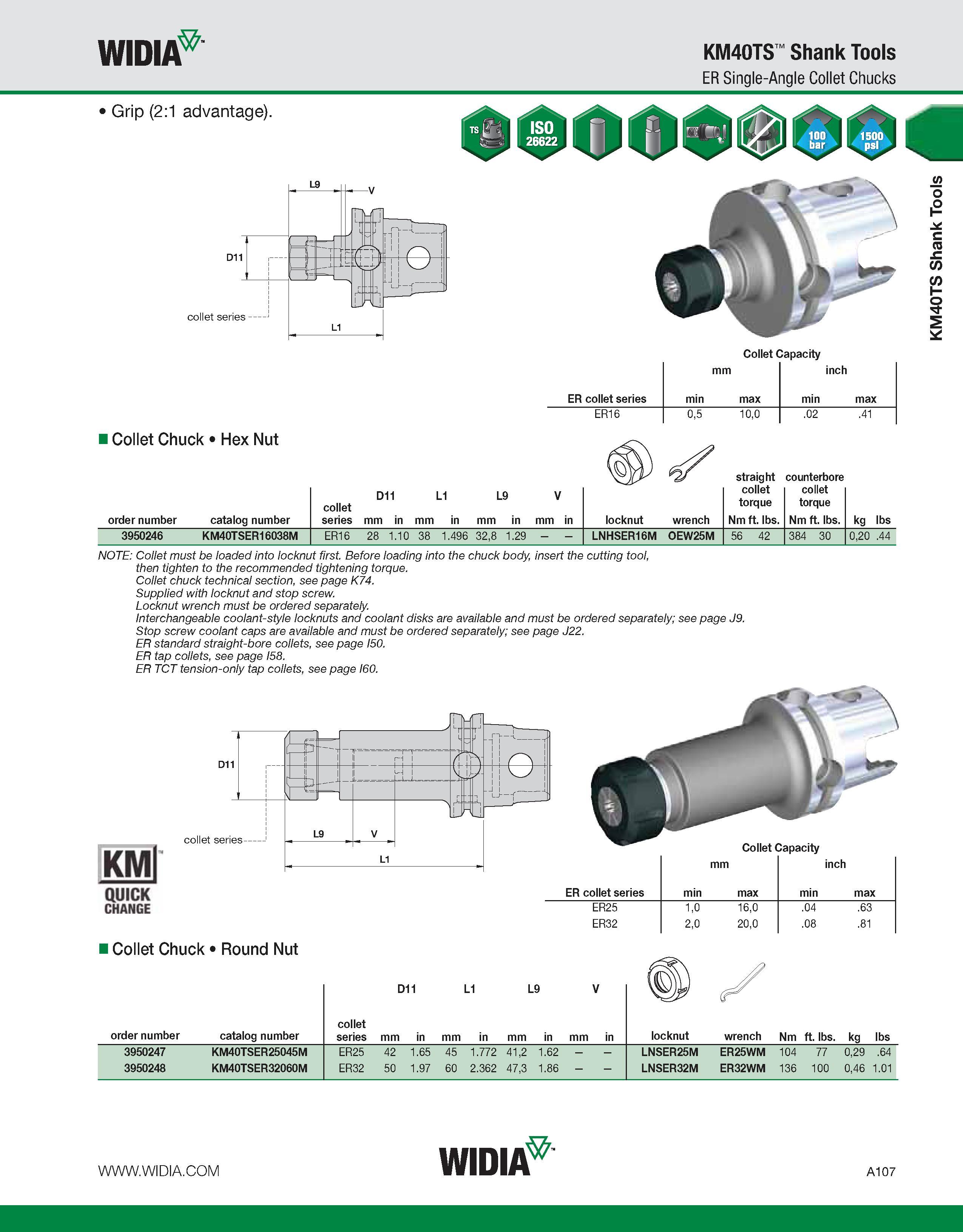 117 WIDIA KM40TS Shank Tools ER Single-Angle Collet Chucks Grip (2:1 advantage) 00 Collet Capacity mm inch ER collet series min max min max ER16 0,5 Каталог WIDIA 2011 Инструментальная оснастка для металлорежущих станков Вспомогательный инструмент для оборудования Адаптеры Насадки Оправки Патроны Стр. A107 ENG