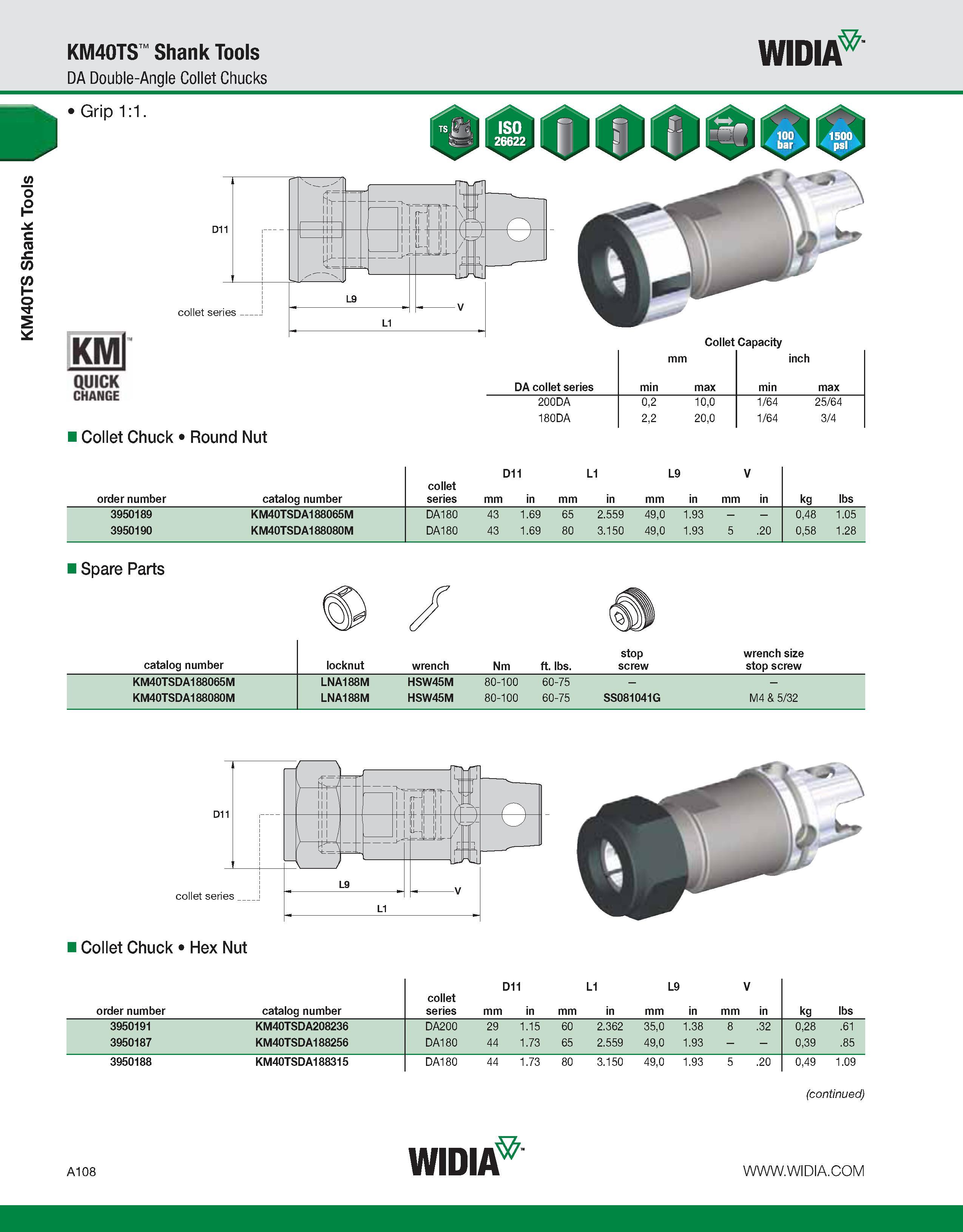 118 KM40TS Shank Tools KM40TS Shank Tools DA Double-Angle Collet Chucks WIDIA Grip 1:1 KMl QUICK CHANGE Collet Capacity DA collet series min mm max m Каталог WIDIA 2011 Инструментальная оснастка для металлорежущих станков Вспомогательный инструмент для оборудования Адаптеры Насадки Оправки Патроны Стр. A108 ENG