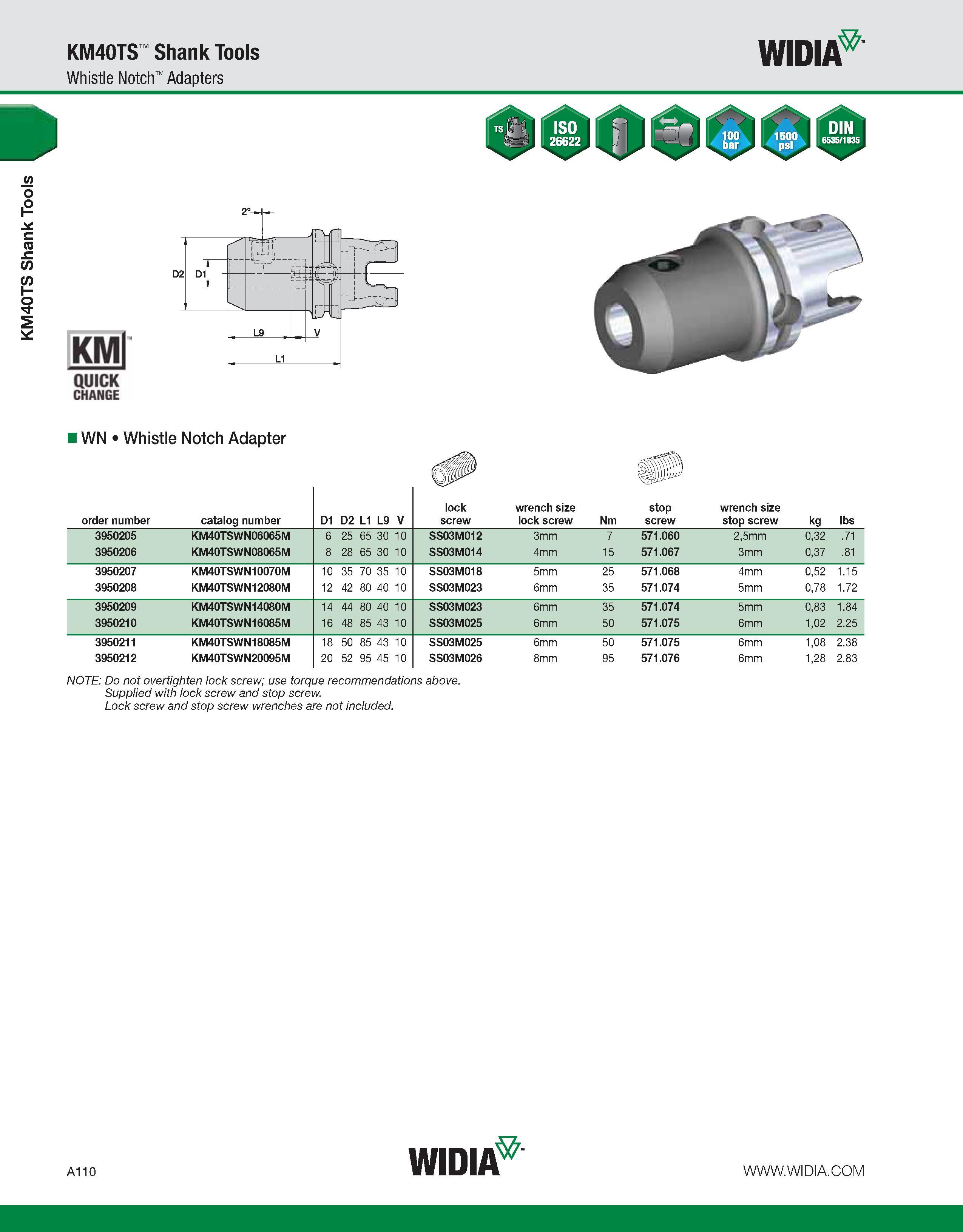 120 KM40TS Shank Tools KM40TS Shank Tools Whistle Notch Adapters WIDIA KMl QUICK CHANGE IWN Whistle Notch Adapter U 1 order number catalog number D1 Каталог WIDIA 2011 Инструментальная оснастка для металлорежущих станков Вспомогательный инструмент для оборудования Адаптеры Насадки Оправки Патроны Стр. A110 ENG
