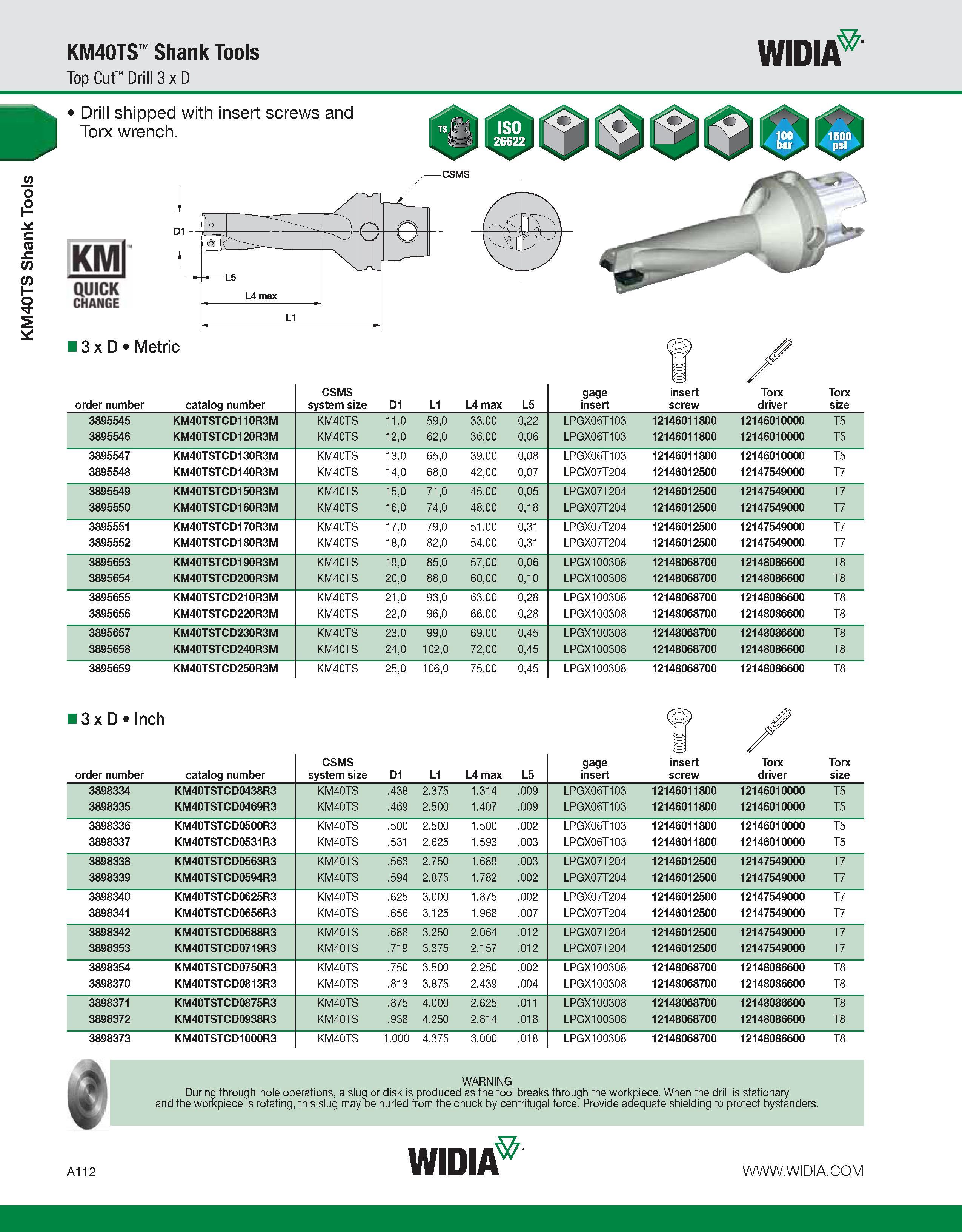 122 KM40TS Shank Tools KM40TS Shank Tools Top Cut Drill 3 x D WIDIA Drill shipped with insert screws and Torx wrench KMl QUICK CHANGE 13 x D Metric o Каталог WIDIA 2011 Инструментальная оснастка для металлорежущих станков Вспомогательный инструмент для оборудования Адаптеры Насадки Оправки Патроны Стр. A112 ENG