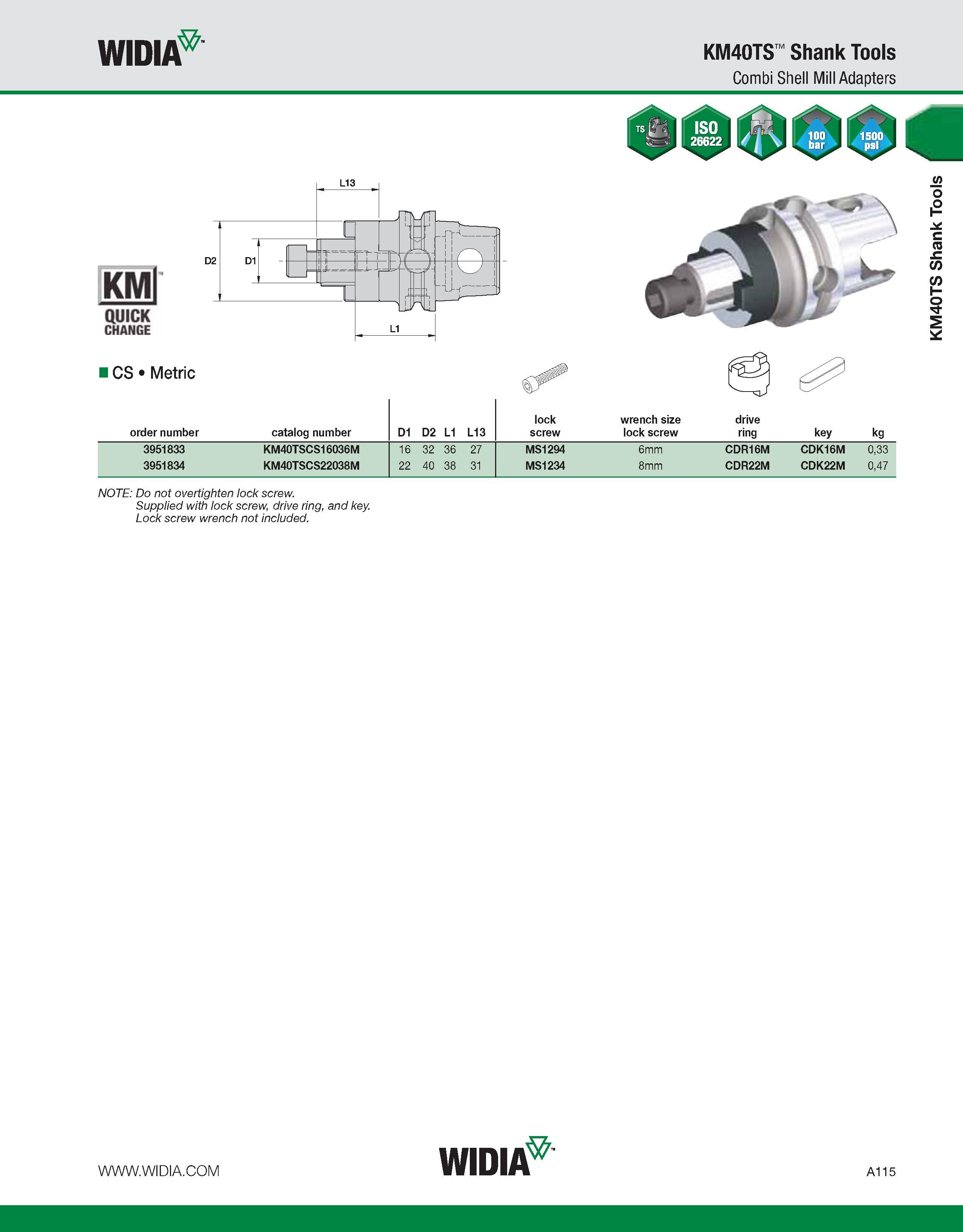 125 WIDIA KM40TS Shank Tools Combi Shell Mill Adapters order number catalog number D1 D2 L1 L13 lock screw wrench size lock screw drive ring key kg 3 Каталог WIDIA 2011 Инструментальная оснастка для металлорежущих станков Вспомогательный инструмент для оборудования Адаптеры Насадки Оправки Патроны Стр. A115 ENG