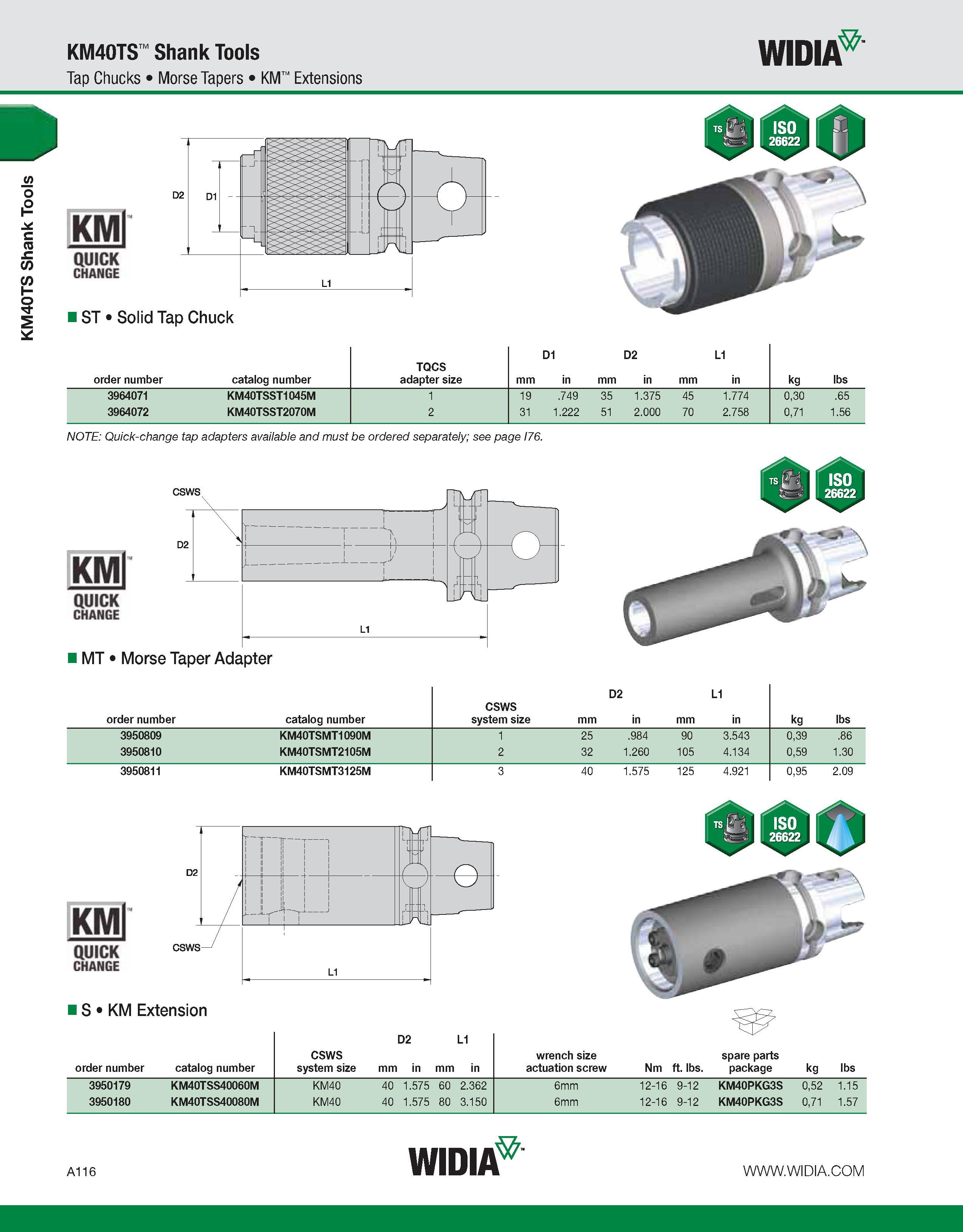 126 KM40TS Shank Tools KM40TS Shank Tools Tap Chucks Morse Tapers KM Extensions WIDIA KMl QUICK CHANGE I ST Solid Tap Chuck order number catalog numb Каталог WIDIA 2011 Инструментальная оснастка для металлорежущих станков Вспомогательный инструмент для оборудования Адаптеры Насадки Оправки Патроны Стр. A116 ENG