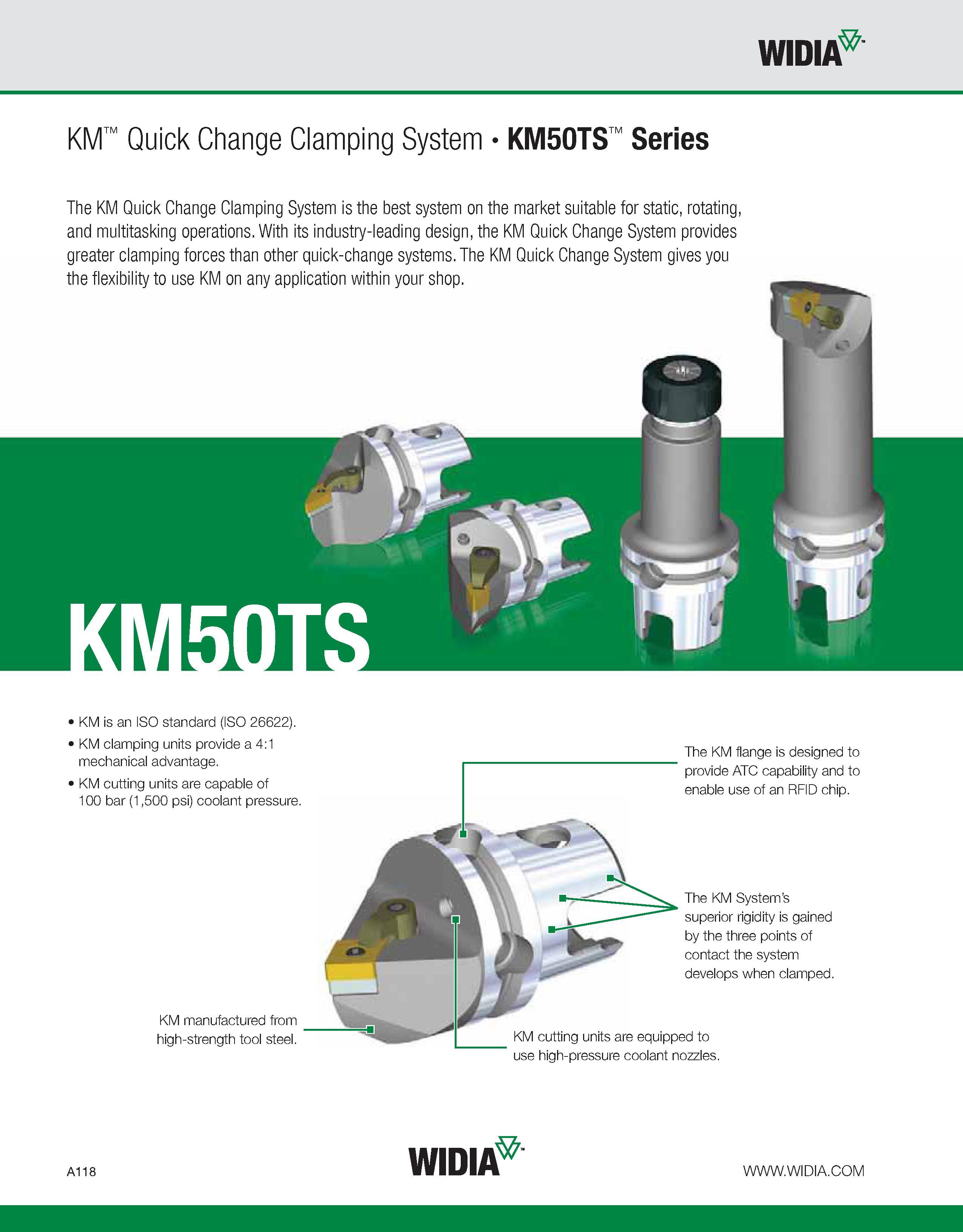 128 WIDIA KM Quick Change Clamping System KM50TS Series The KM Quick Change Clamping System is the best system on the market suitable for static, rot Каталог WIDIA 2011 Инструментальная оснастка для металлорежущих станков Вспомогательный инструмент для оборудования Адаптеры Насадки Оправки Патроны Стр. A118 ENG