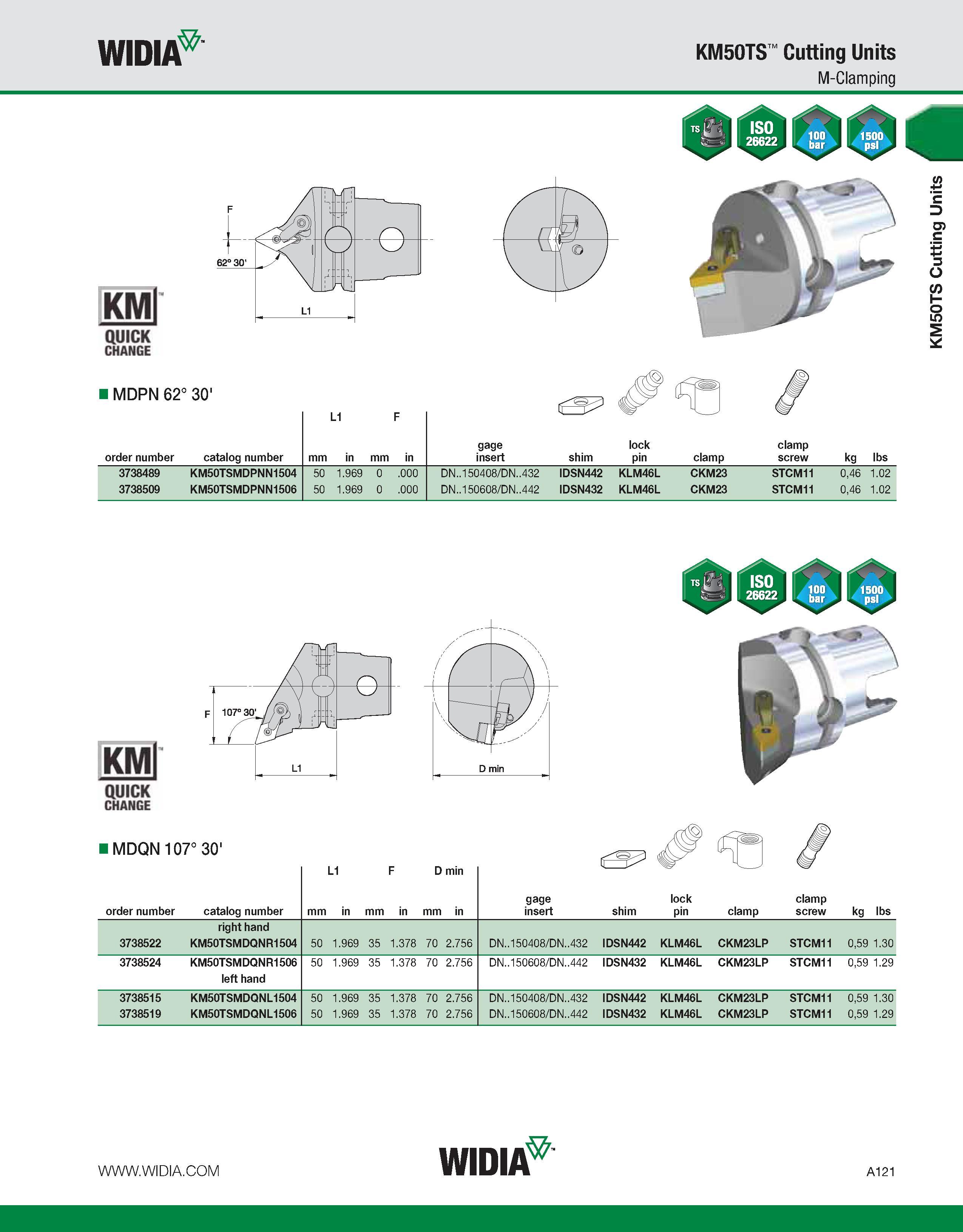 131 WIDIA KM50TS Cutting Units M-Clamping KMl QUICK CHANGE MDPN 62° 30' L1 F order number catalog number mm in mm in gage insert shim lock pin clamp Каталог WIDIA 2011 Инструментальная оснастка для металлорежущих станков Вспомогательный инструмент для оборудования Адаптеры Насадки Оправки Патроны Стр. A121 ENG