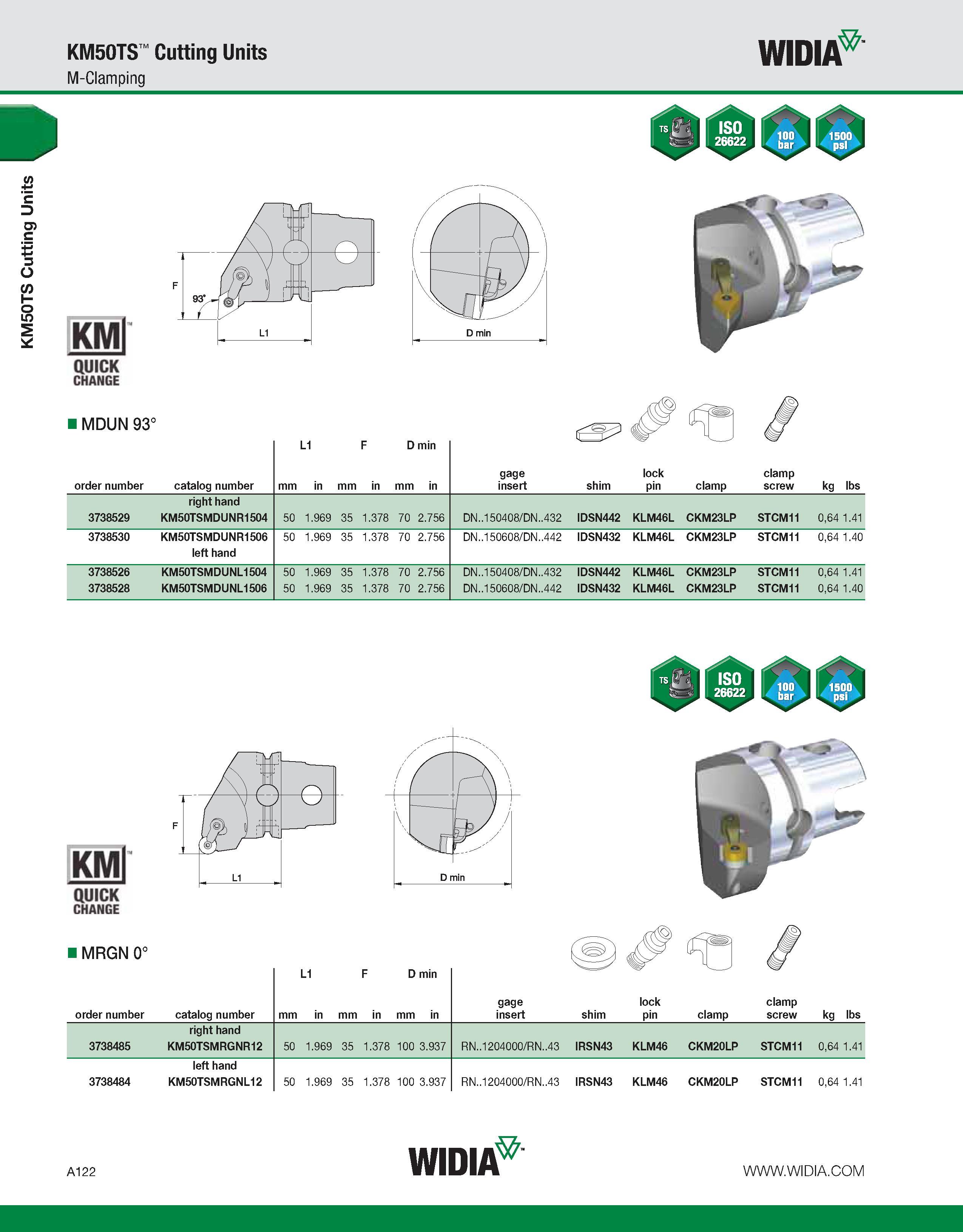 132 KM50TS Cutting Units KM50TS Cutting Units M-Clamping WIDIA KMl QUICK CHANGE MDUN 93° L1 F D min order number catalog number mm in mm in mm in gag Каталог WIDIA 2011 Инструментальная оснастка для металлорежущих станков Вспомогательный инструмент для оборудования Адаптеры Насадки Оправки Патроны Стр. A122 ENG