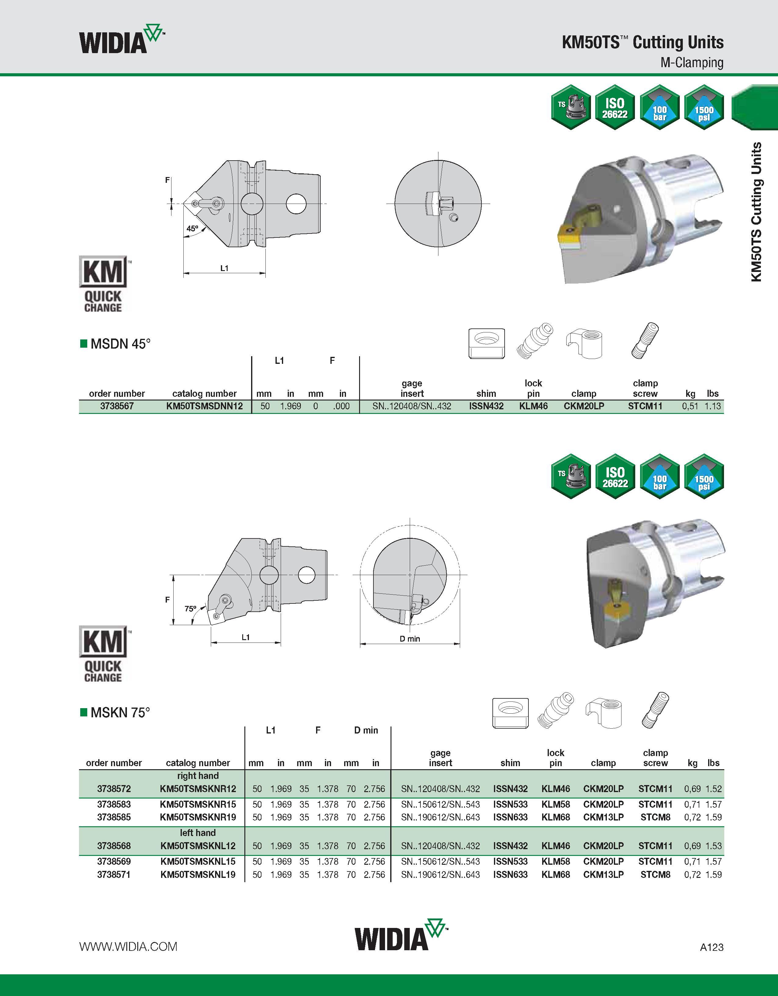 133 WIDIA KM50TS Cutting Units M-Clamping KMl QUICK CHANGE I MSDN 45° r 1 L1 n r order number catalog number L1 F mm in mm in gage insert shim lock p Каталог WIDIA 2011 Инструментальная оснастка для металлорежущих станков Вспомогательный инструмент для оборудования Адаптеры Насадки Оправки Патроны Стр. A123 ENG