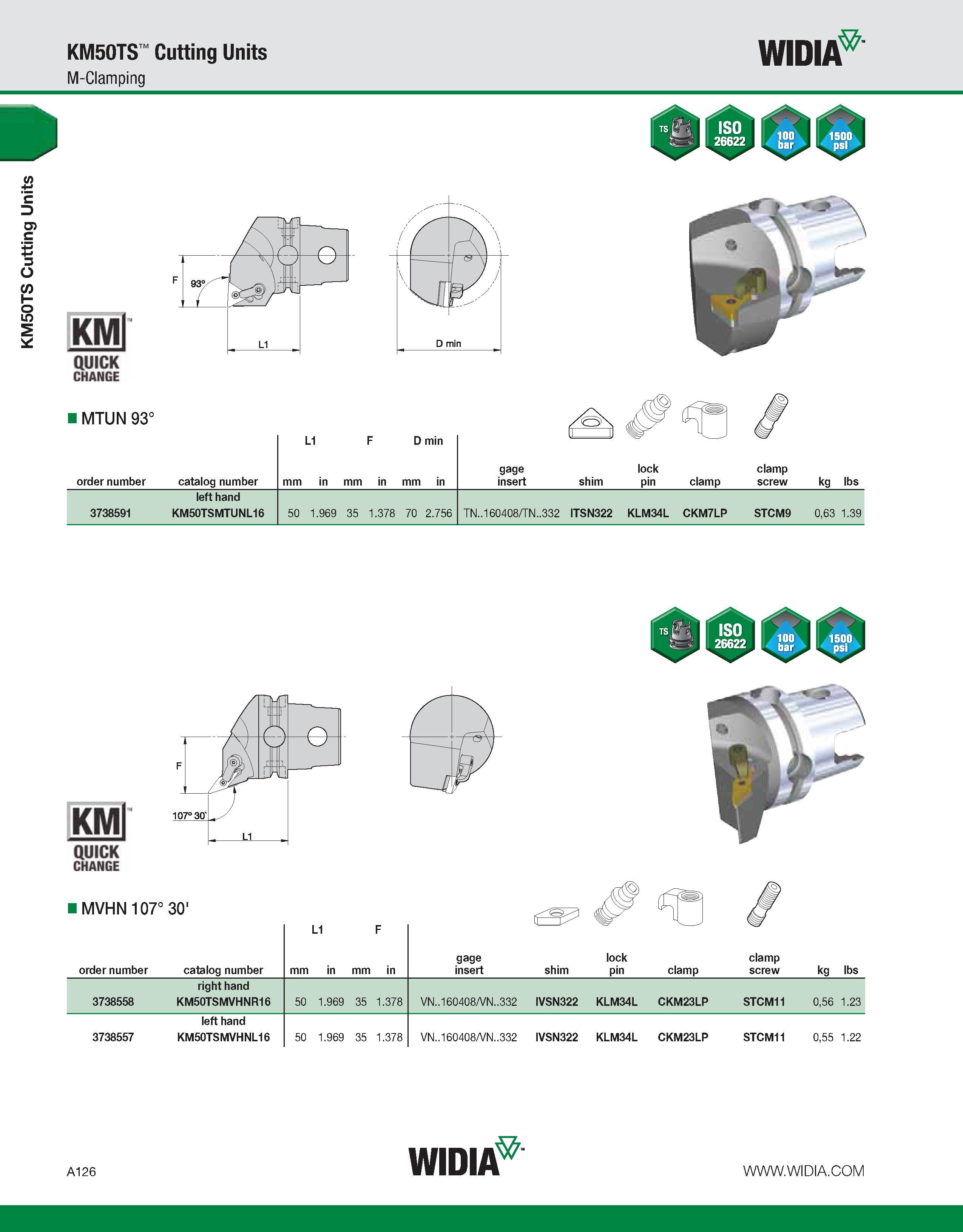136 KM50TS Cutting Units KM50TS Cutting Units M-Clamping WIDIA KMl QUICK CHANGE MTUN 93° L1 F D min order number catalog number mm in mm in mm in gag Каталог WIDIA 2011 Инструментальная оснастка для металлорежущих станков Вспомогательный инструмент для оборудования Адаптеры Насадки Оправки Патроны Стр. A126 ENG