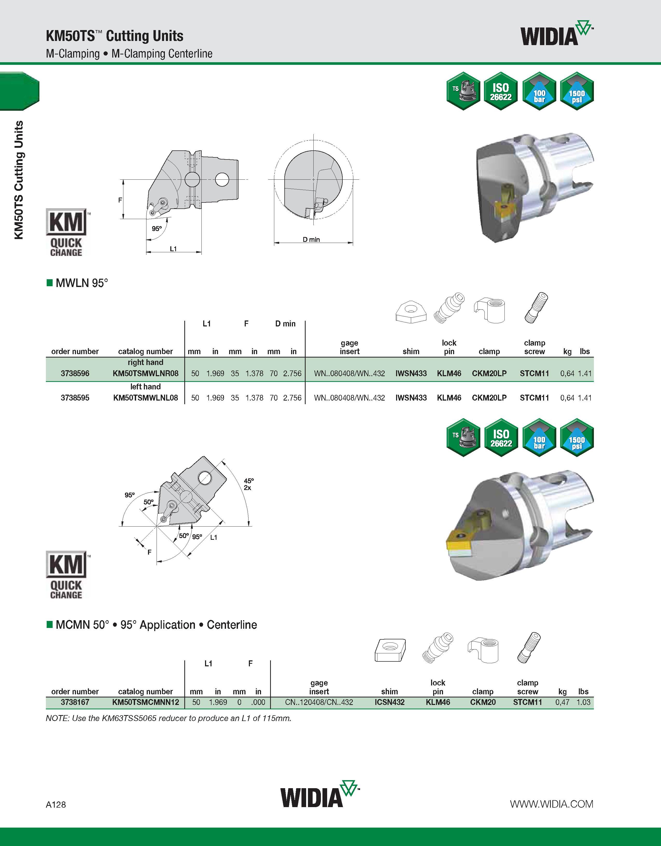 138 KM50TS Cutting Units KM50TS Cutting Units M-Clamping M-Clamping Centerline WIDIA KMl QUICK CHANGE MWLN 95° order number catalog number mm L1 in m Каталог WIDIA 2011 Инструментальная оснастка для металлорежущих станков Вспомогательный инструмент для оборудования Адаптеры Насадки Оправки Патроны Стр. A128 ENG