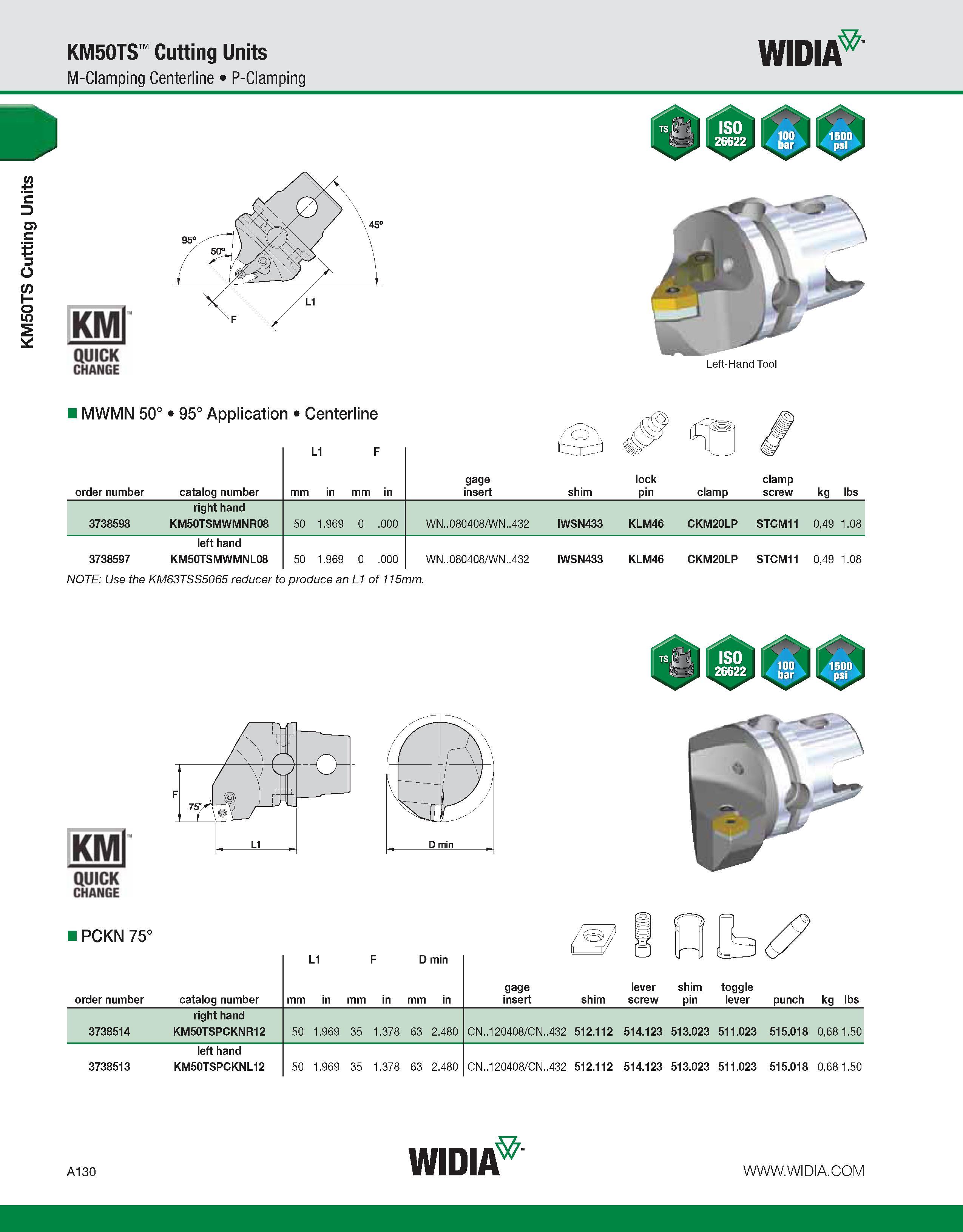 140 KM50TS Cutting Units KM50TS Cutting Units M-Clamping Centerline P-Clamping WIDIA KMl QUICK CHANGE Left-Hand Tool MWMN 50° 95° Application Centerl Каталог WIDIA 2011 Инструментальная оснастка для металлорежущих станков Вспомогательный инструмент для оборудования Адаптеры Насадки Оправки Патроны Стр. A130 ENG