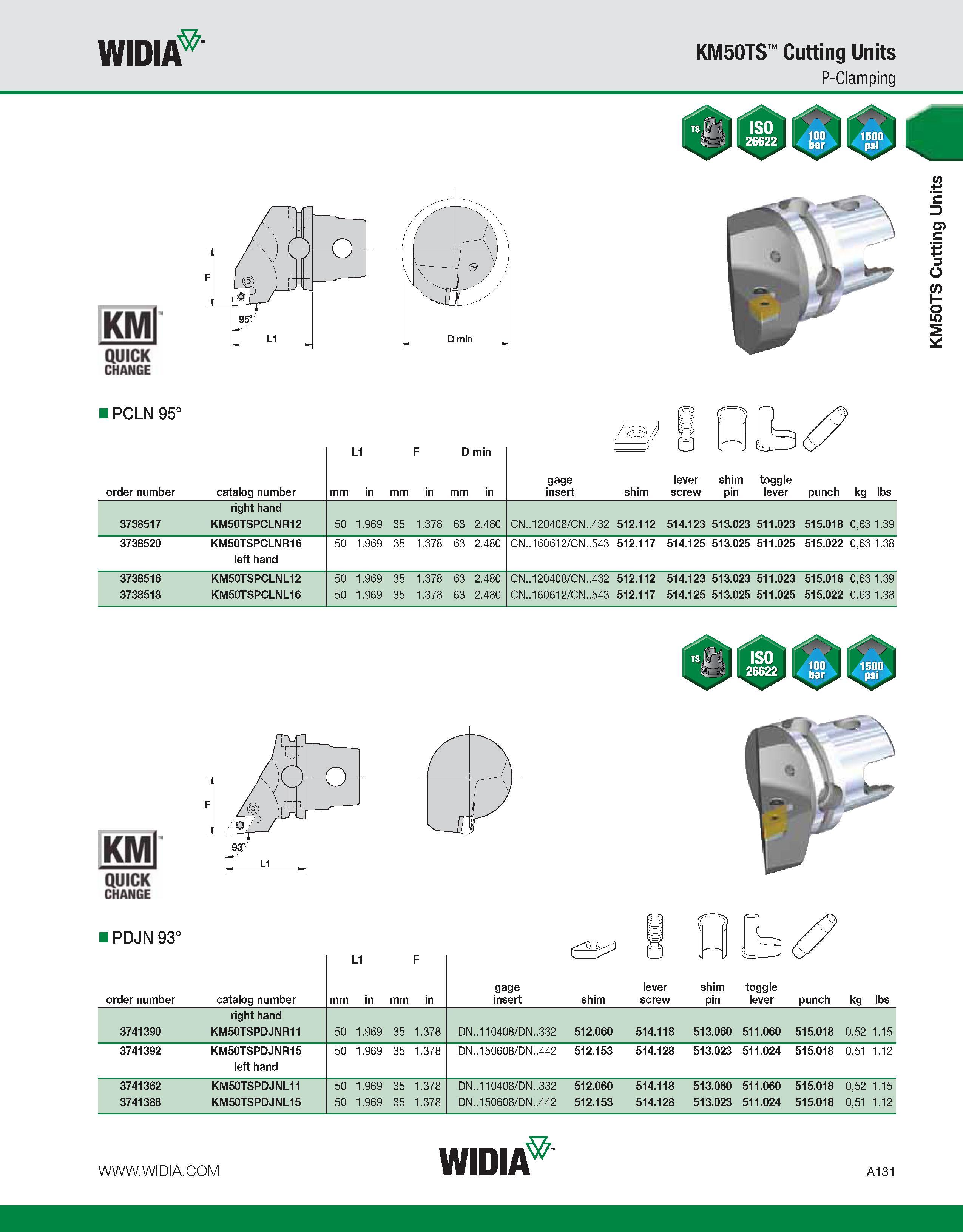 141 WIDIA KM50TS Cutting Units P-Clamping KMl QUICK CHANGE I PCLN 95° order number catalog number L1 D min mm in mm in mm in 3738517 right hand KM50T Каталог WIDIA 2011 Инструментальная оснастка для металлорежущих станков Вспомогательный инструмент для оборудования Адаптеры Насадки Оправки Патроны Стр. A131 ENG