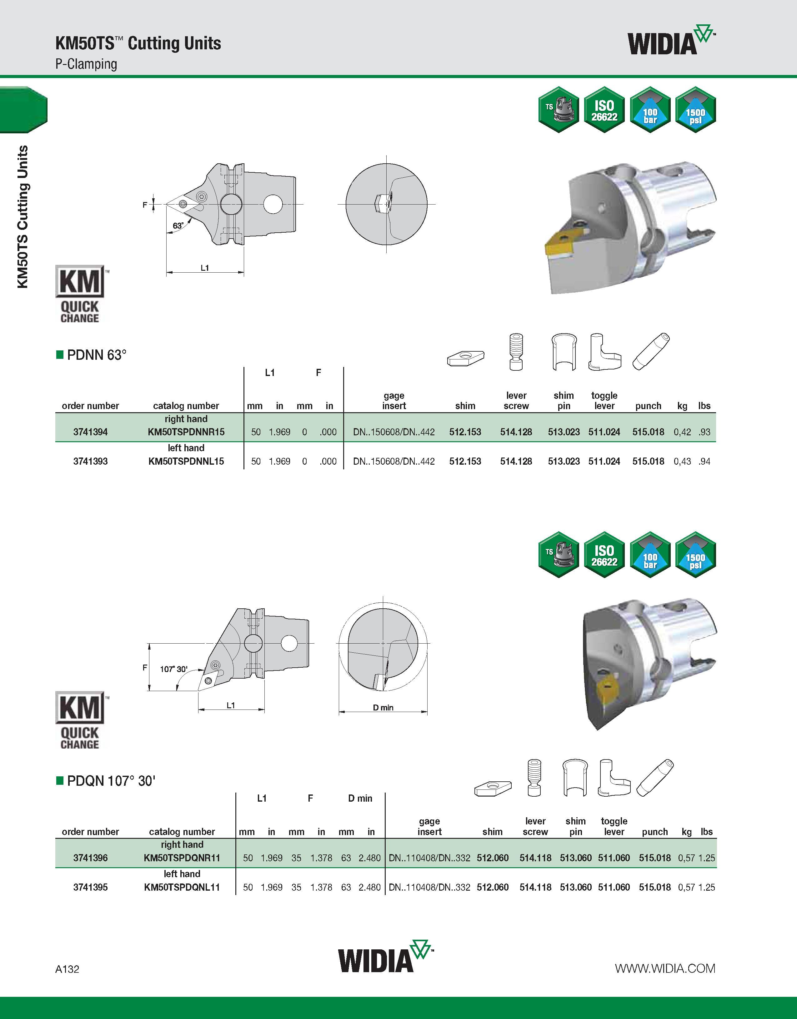 142 KM50TS Cutting Units KM50TS Cutting Units P-Clamping WIDIA KMl QUICK CHANGE PDNN 63° order number catalog number mm L1 in F mm in gage insert shi Каталог WIDIA 2011 Инструментальная оснастка для металлорежущих станков Вспомогательный инструмент для оборудования Адаптеры Насадки Оправки Патроны Стр. A132 ENG