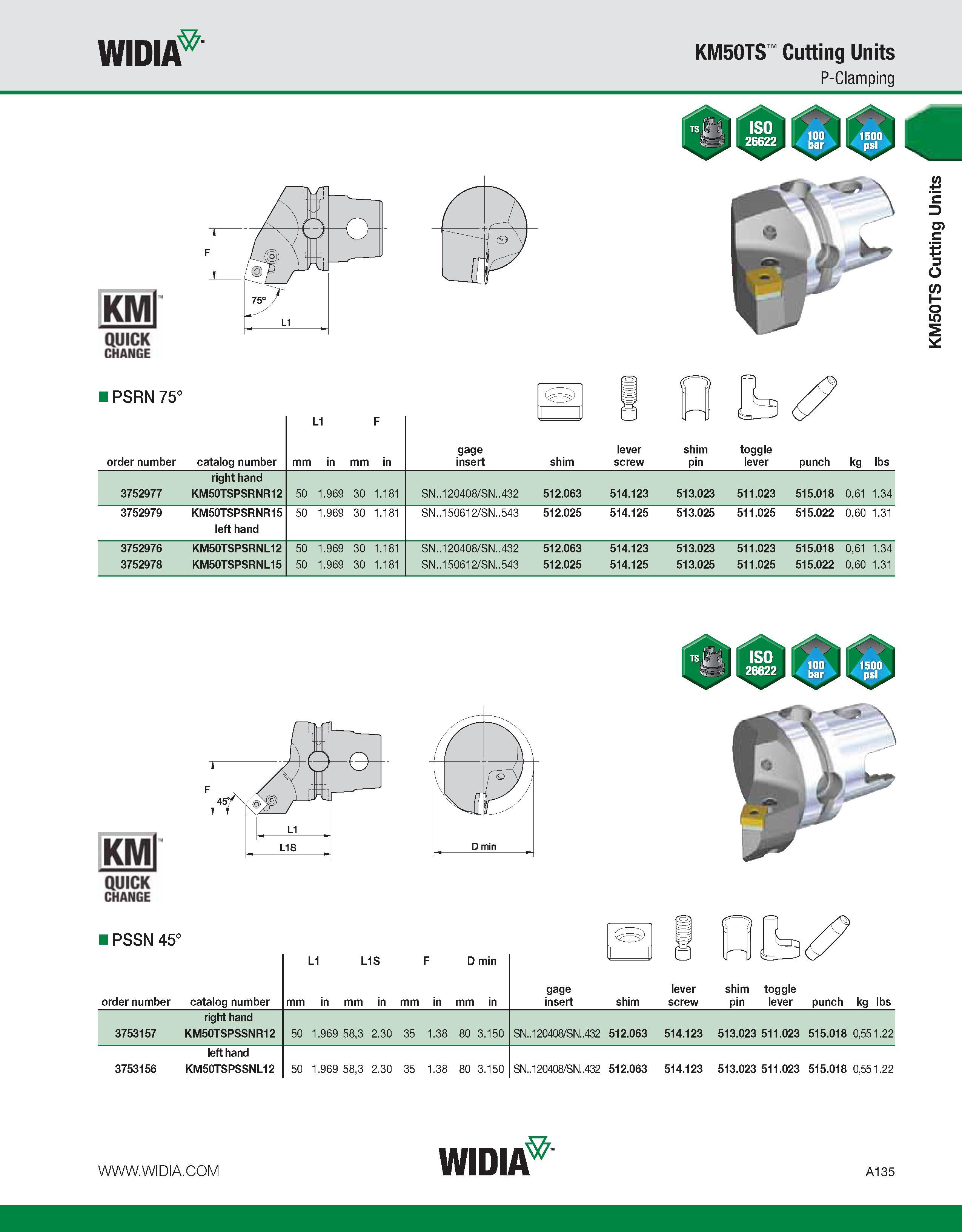 145 WIDIA KM50TS Cutting Units P-Clamping I PSRN 75° order number catalog number mm L1 in mm F in gage insert shim lever screw shim pin toggle lever Каталог WIDIA 2011 Инструментальная оснастка для металлорежущих станков Вспомогательный инструмент для оборудования Адаптеры Насадки Оправки Патроны Стр. A135 ENG