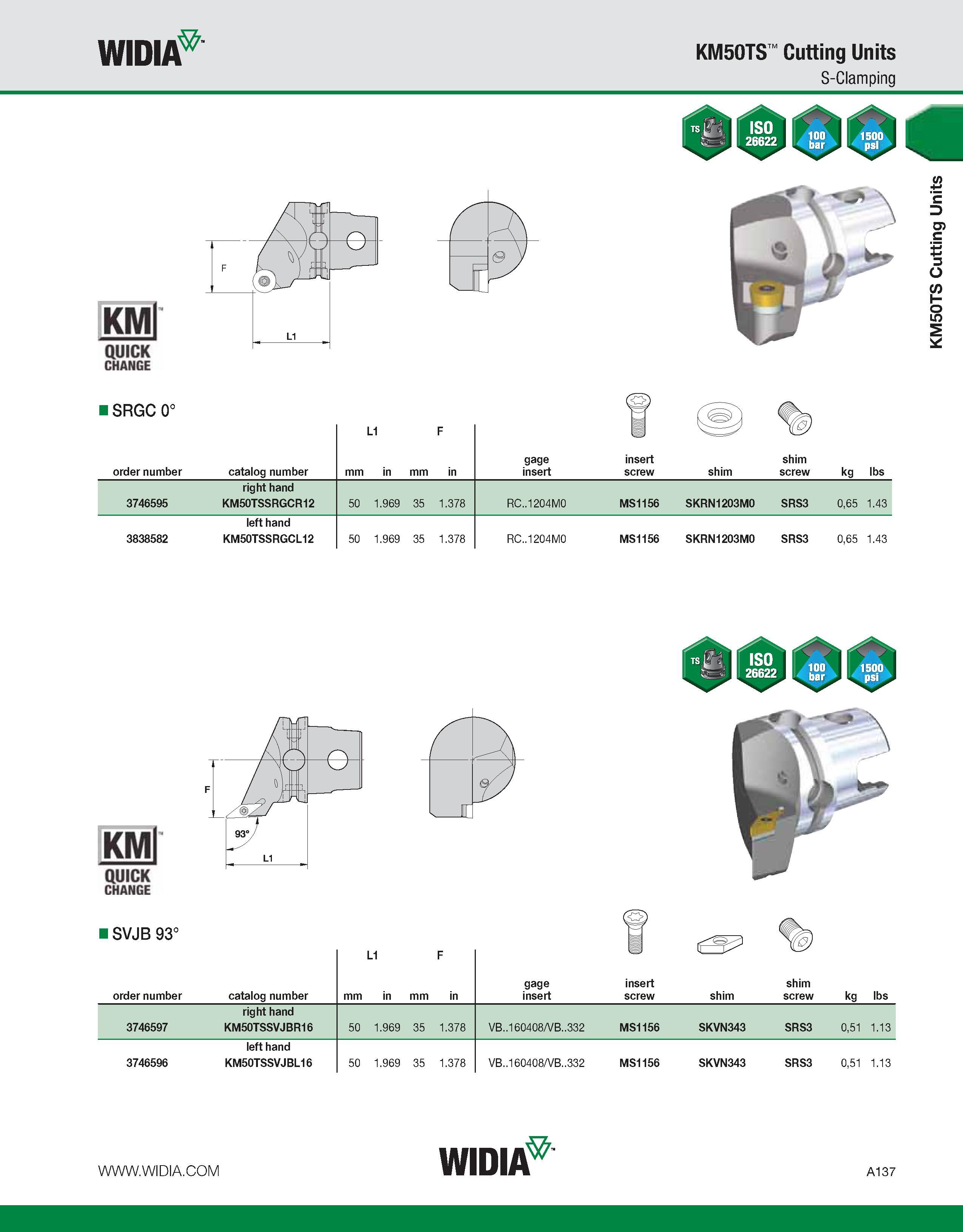 147 WIDIA KM50TS Cutting Units S-Clamping ISRGC 0° Co) L1 F order number catalog number mm in mm in gage insert insert screw shim shim screw kg lbs r Каталог WIDIA 2011 Инструментальная оснастка для металлорежущих станков Вспомогательный инструмент для оборудования Адаптеры Насадки Оправки Патроны Стр. A137 ENG