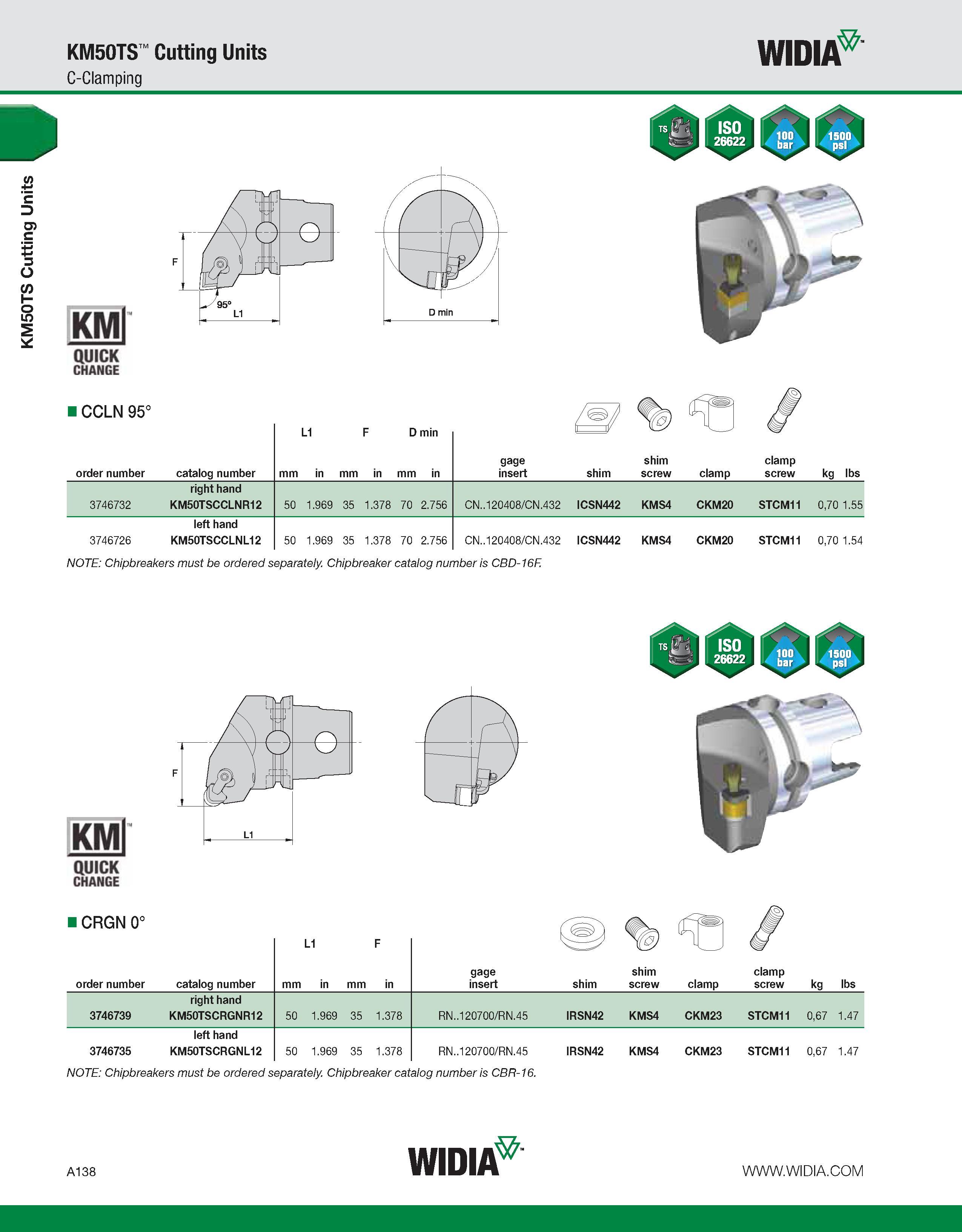148 KM50TS Cutting Units KM50TS Cutting Units C-Clamping WIDIA KMl QUICK CHANGE CCLN 95° order number catalog number L1 F D min mm in mm in mm in gag Каталог WIDIA 2011 Инструментальная оснастка для металлорежущих станков Вспомогательный инструмент для оборудования Адаптеры Насадки Оправки Патроны Стр. A138 ENG