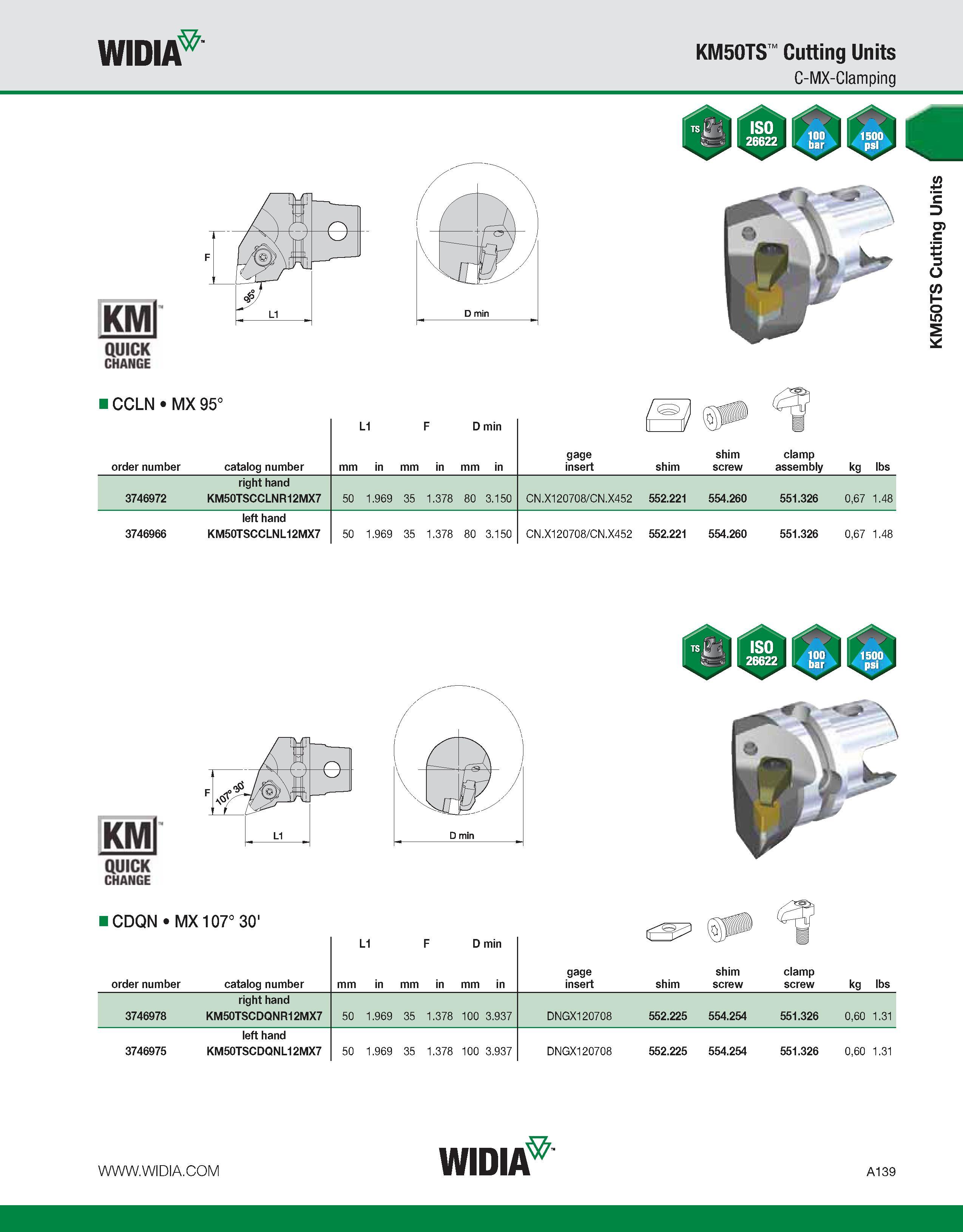 149 WIDIA KM50TS Cutting Units C-MX-Clamping KMl QUICK CHANGE ICCLN MX 95° IP L1 F D min 11 1/ order number catalog number mm in mm in mm in gage ins Каталог WIDIA 2011 Инструментальная оснастка для металлорежущих станков Вспомогательный инструмент для оборудования Адаптеры Насадки Оправки Патроны Стр. A139 ENG
