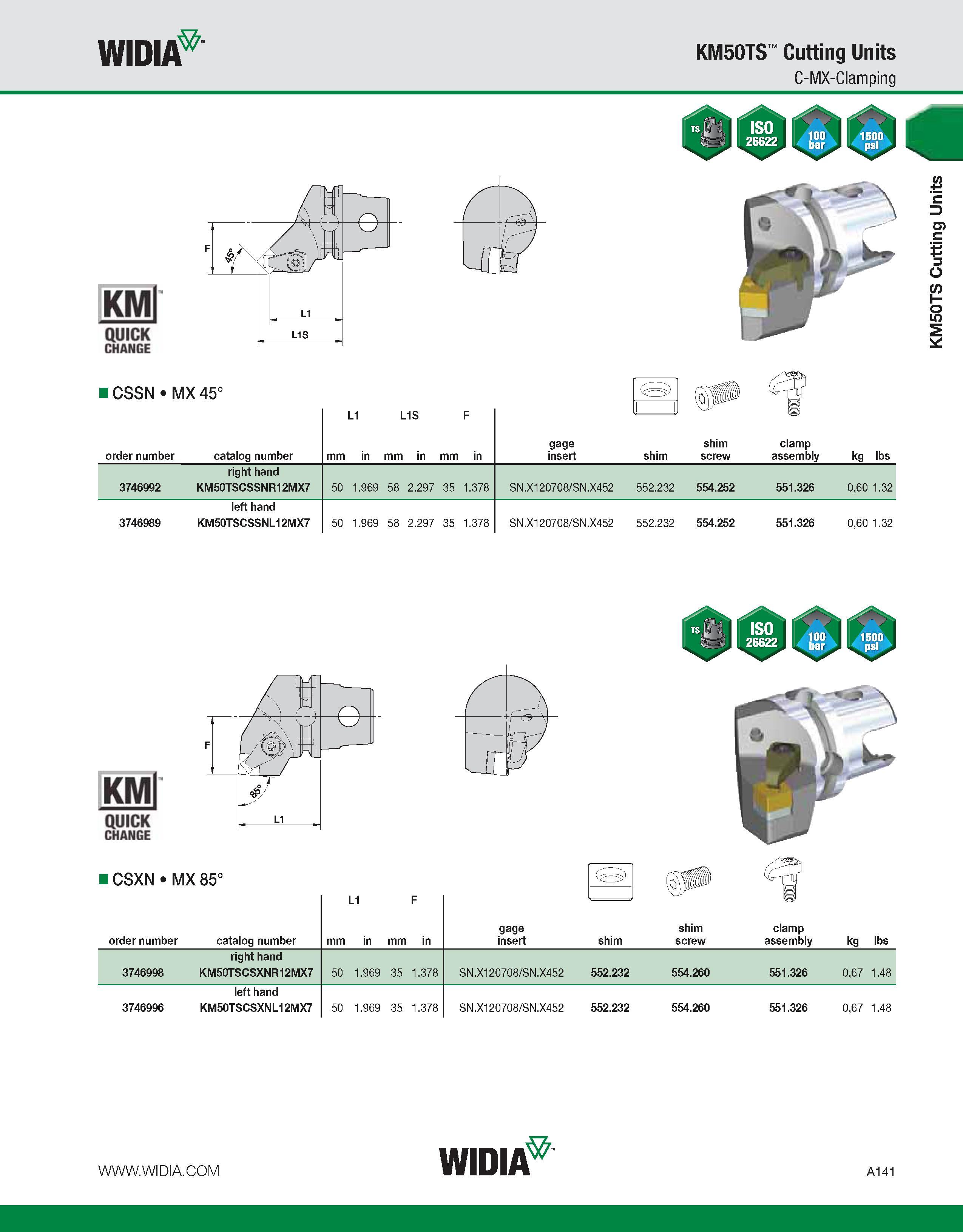 151 WIDIA KM50TS Cutting Units C-MX-Clamping KMl QUICK CHANGE ICSSN MX 45° L1 L1S F order number catalog number mm in mm in mm in gage insert shim sh Каталог WIDIA 2011 Инструментальная оснастка для металлорежущих станков Вспомогательный инструмент для оборудования Адаптеры Насадки Оправки Патроны Стр. A141 ENG