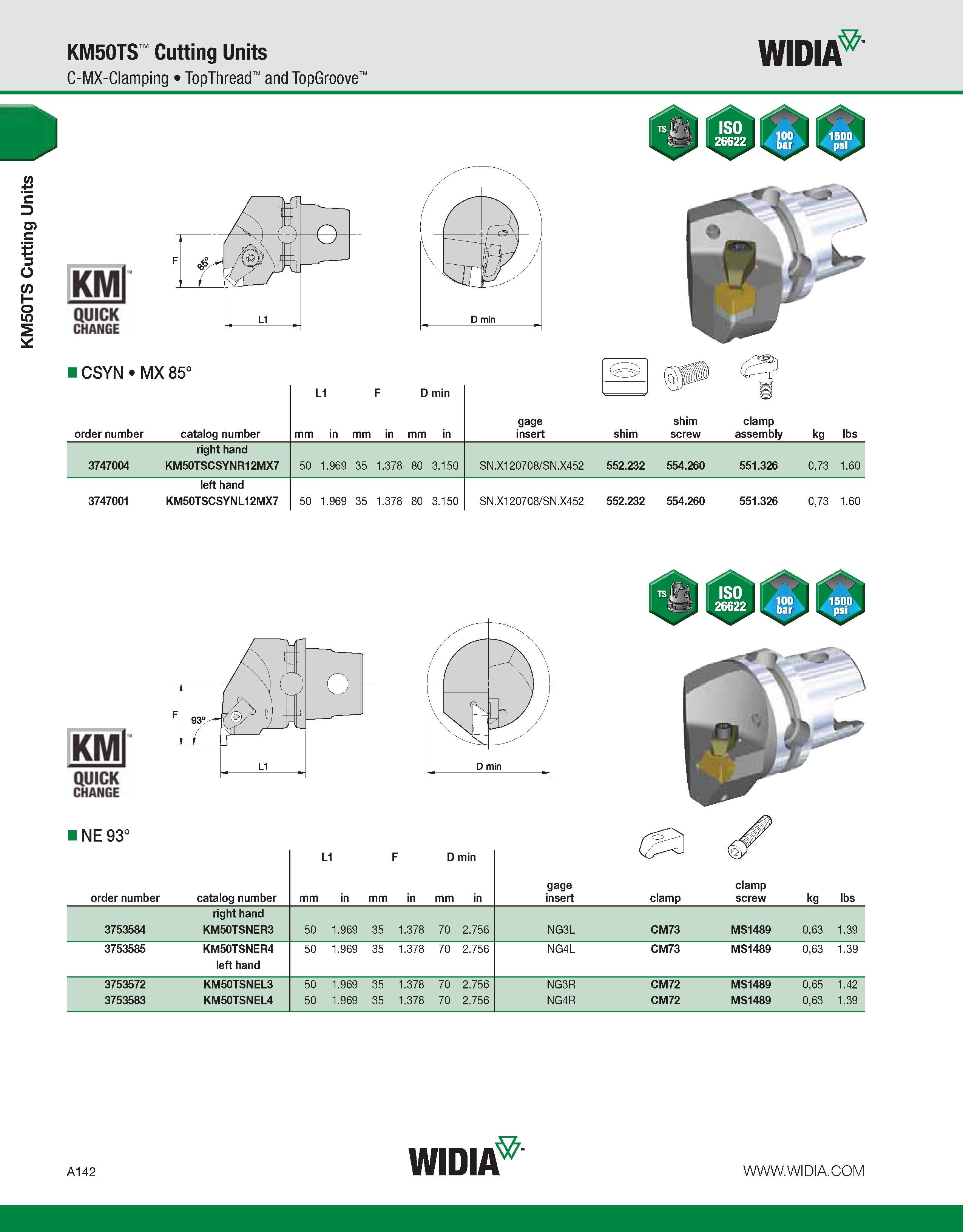 152 KM50TS Cutting Units KM50TS Cutting Units C-MX-Clamping TopThread and TopGroove WIDIA KMl QUICK CHANGE CSYN MX 85° order number catalog number L1 Каталог WIDIA 2011 Инструментальная оснастка для металлорежущих станков Вспомогательный инструмент для оборудования Адаптеры Насадки Оправки Патроны Стр. A142 ENG